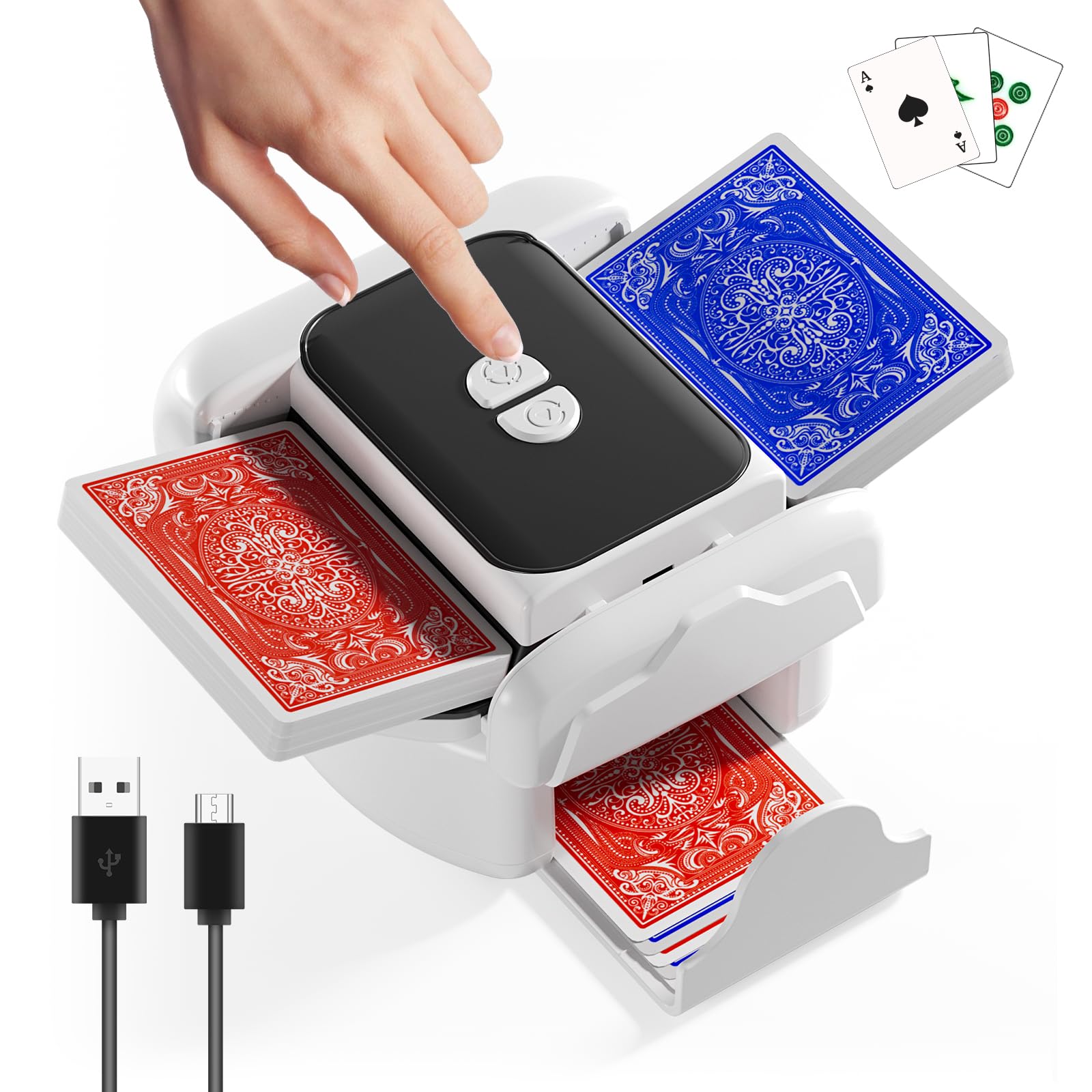 snookids® Macchina per Miscelare Carte Elettrica per 1-2 Mazzi One-Press Auto & Manuale Ricaricabile 2000 mAh Silenzioso per Poker Uno Blackjack Skip-BO Phase 10 Texas Hold'em Regali di Natale