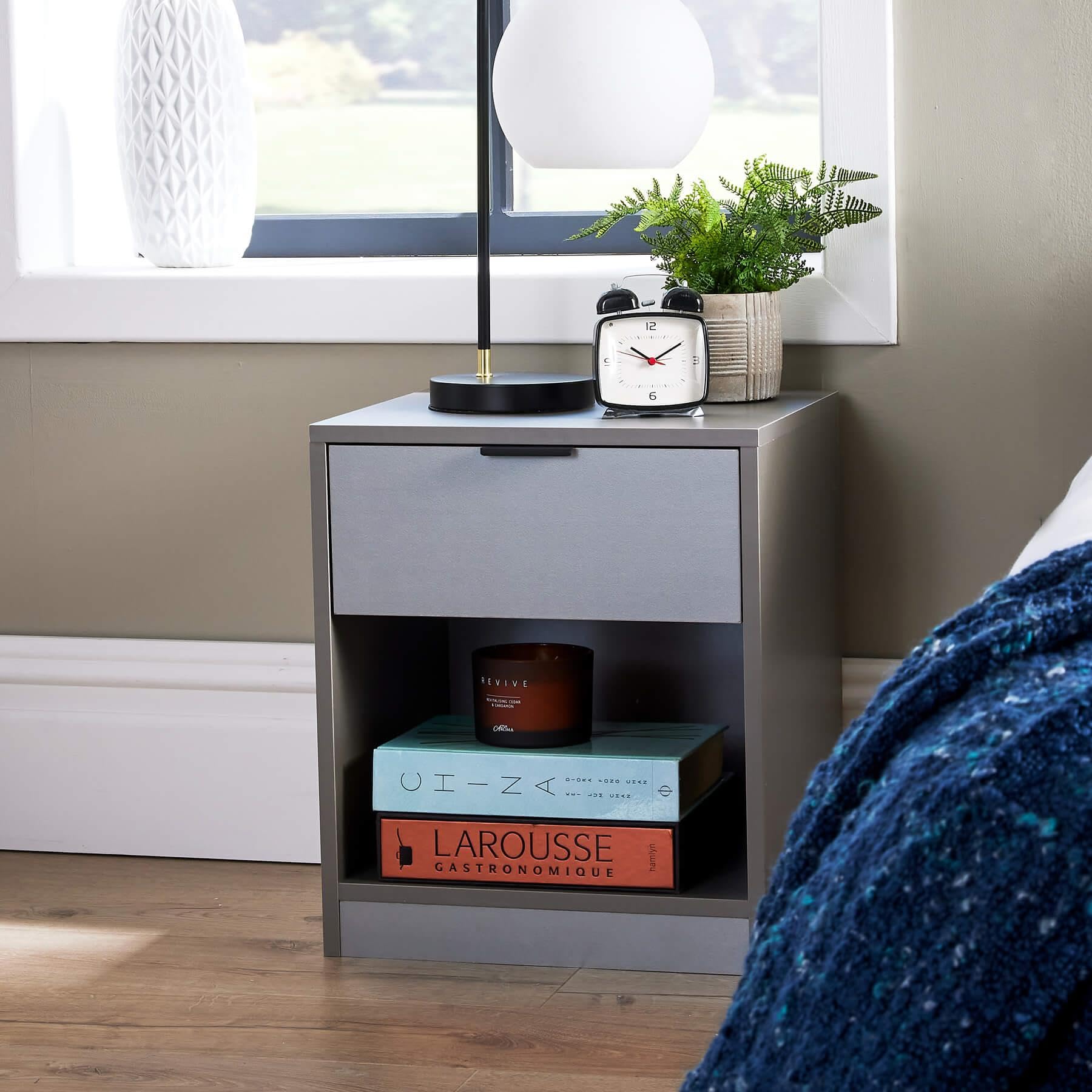 Home Source Bedside Cabinet Lamp Side Table, Grey, 1 Drawer, Spacious Top, Engineered Wood — image 1