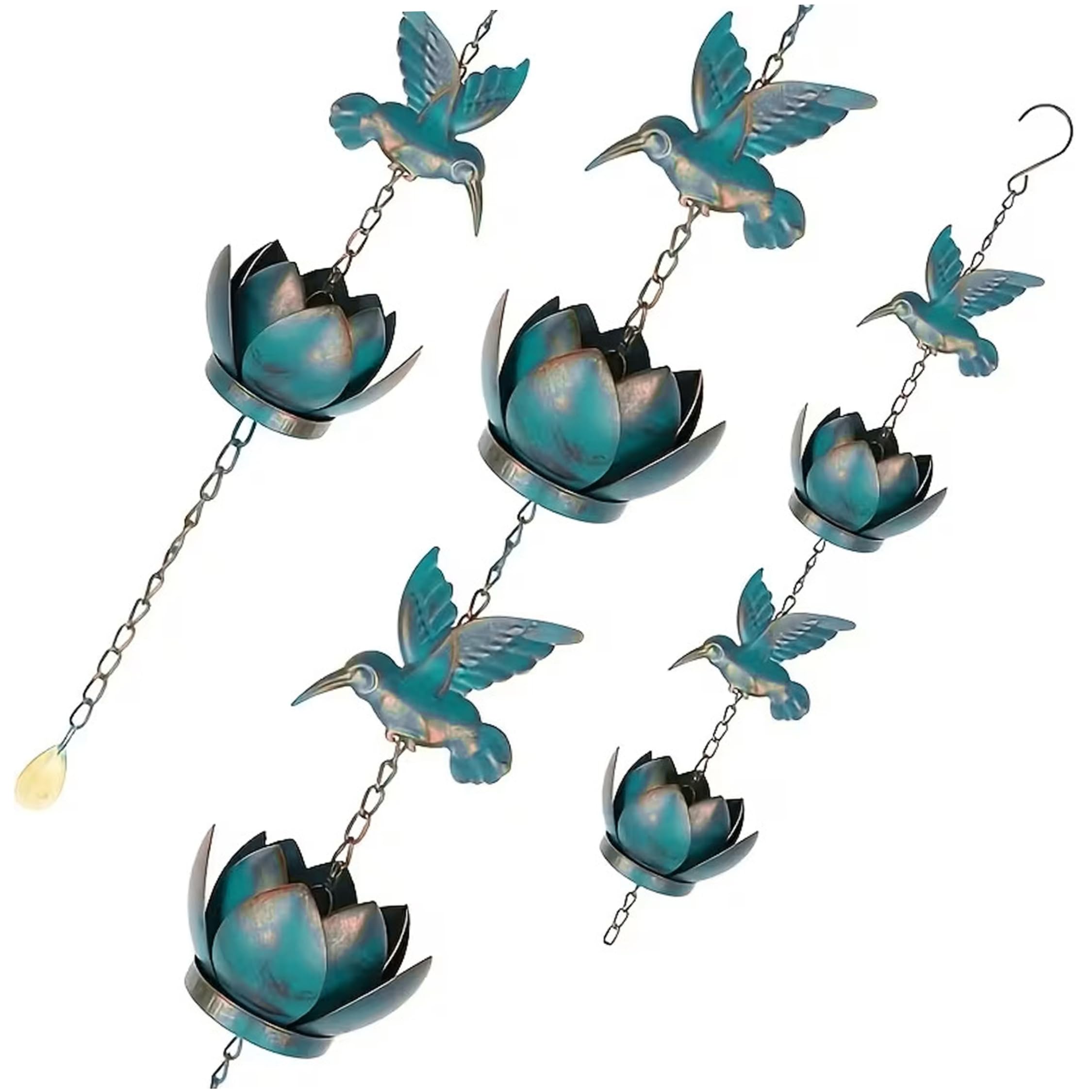 Cadena de lluvia para tejado con atrapasueños de metal azul y timbre exterior para jardín