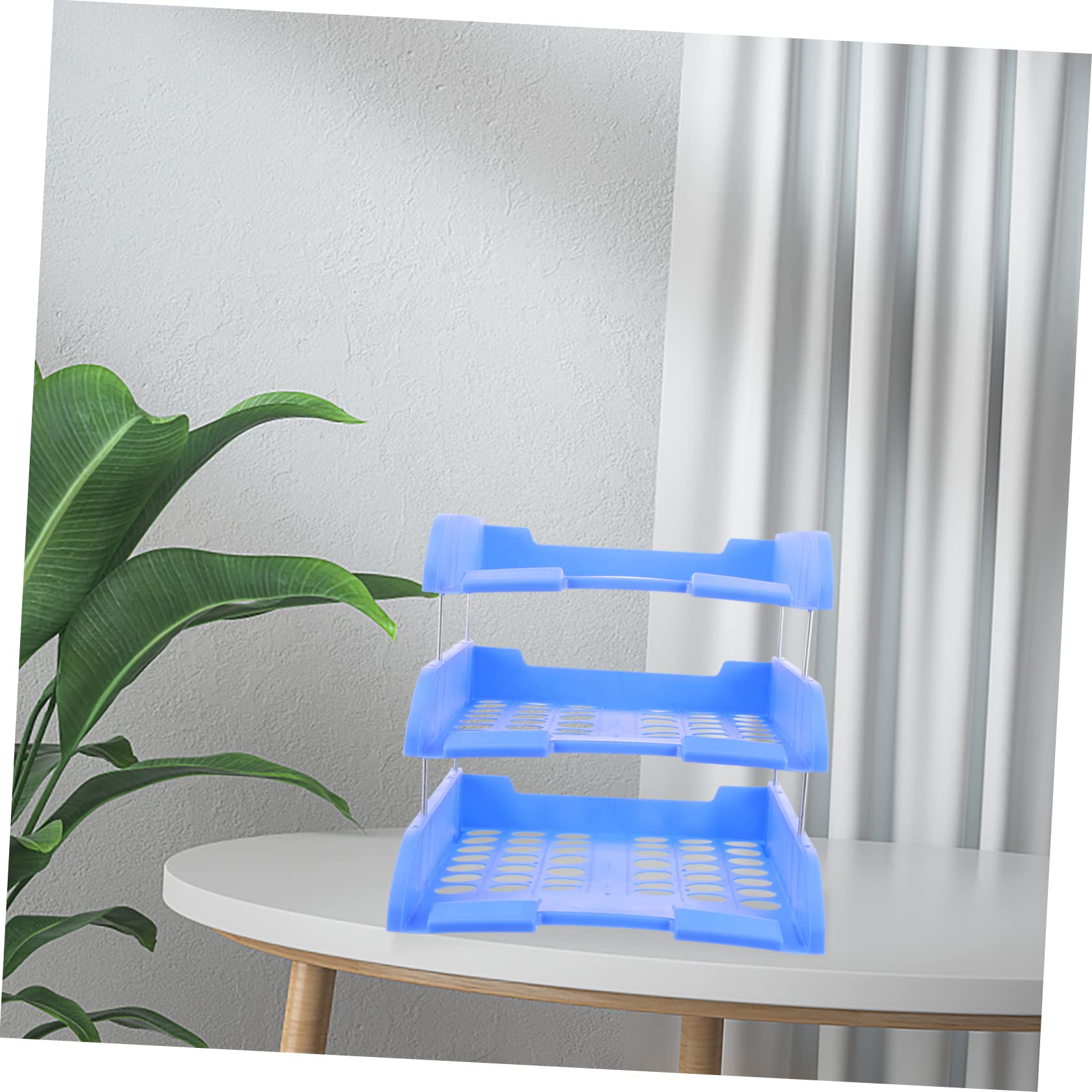 Organizzatore Documenti Scrivania 3 Livelli in Plastico Blu, Vaschetta Portadocumenti Portatile per Ufficio e Casa, Supporto File per Documenti e Lettere