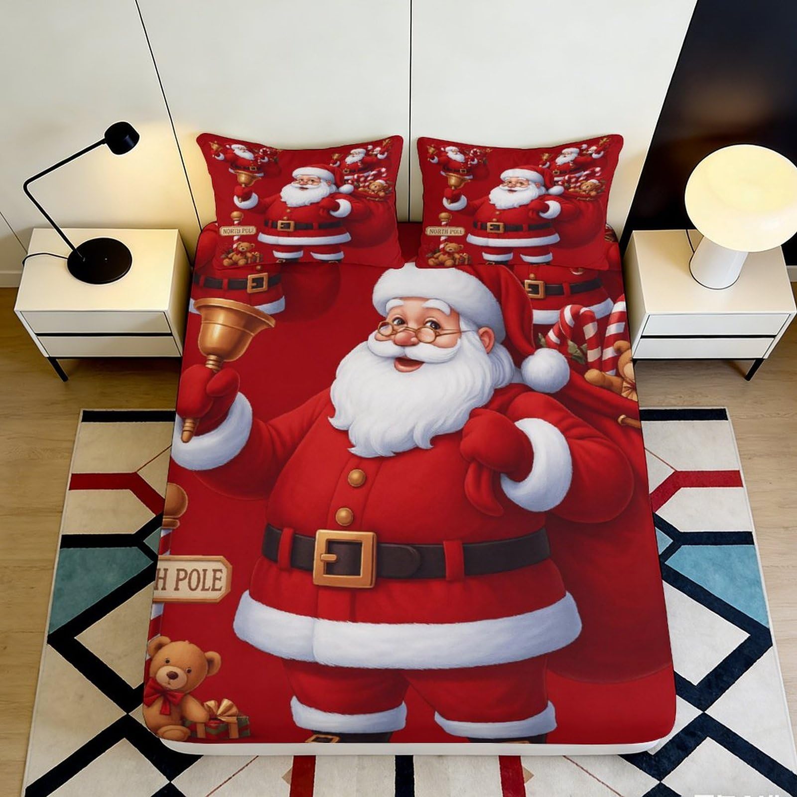 3D Printed Santa Claus Fitted Sheet Microfiber Red Bed Cover for Bedroom Guest Room Decor Easy Care 90x200x25cm
