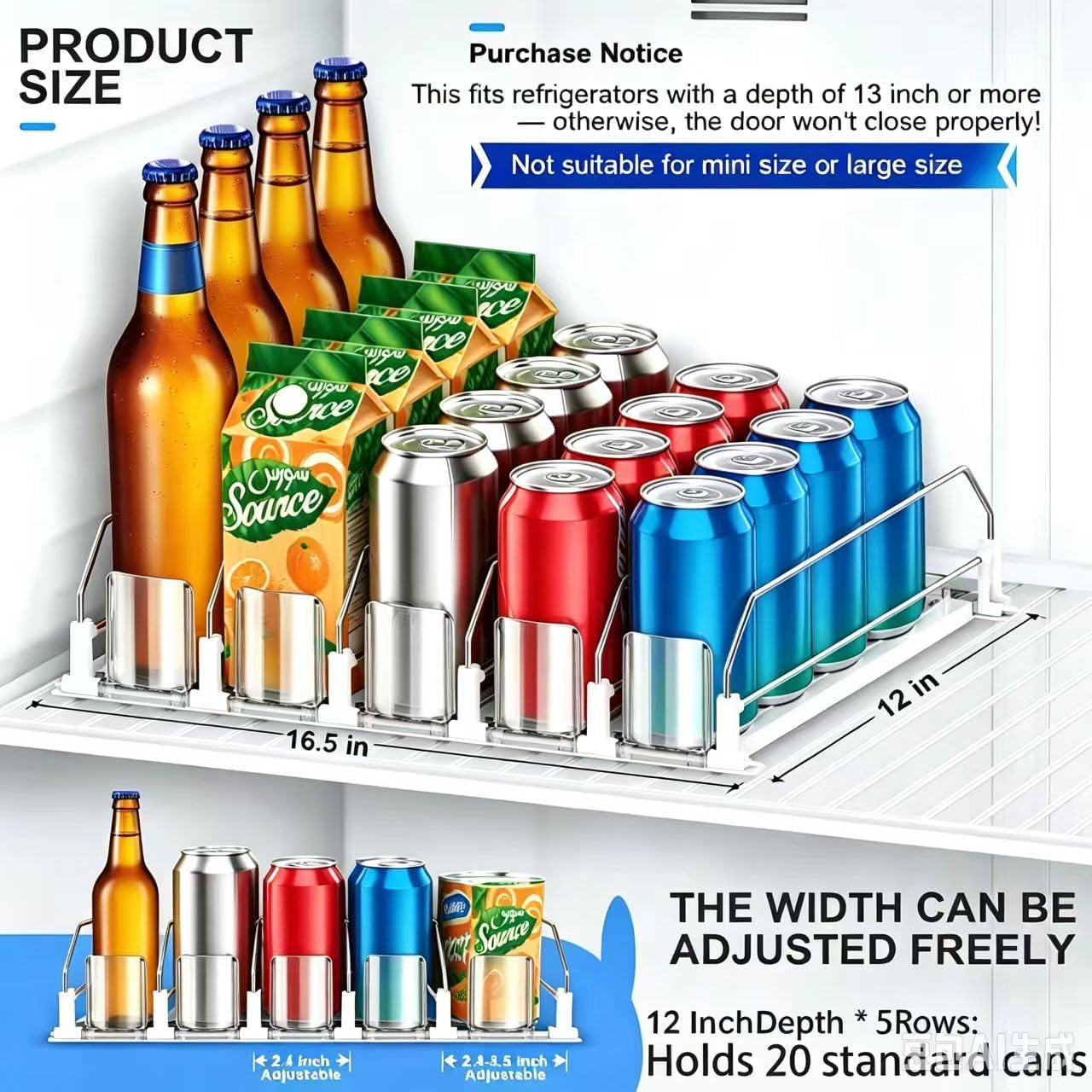 Drink Organizer for Fridge, Upgraded Drink dispenser for fridge, Automatic Pusher Glide,12oz 16oz - Can Dispenser for Fridge - Holds up to 20 Cans - 5 Rows White image 4