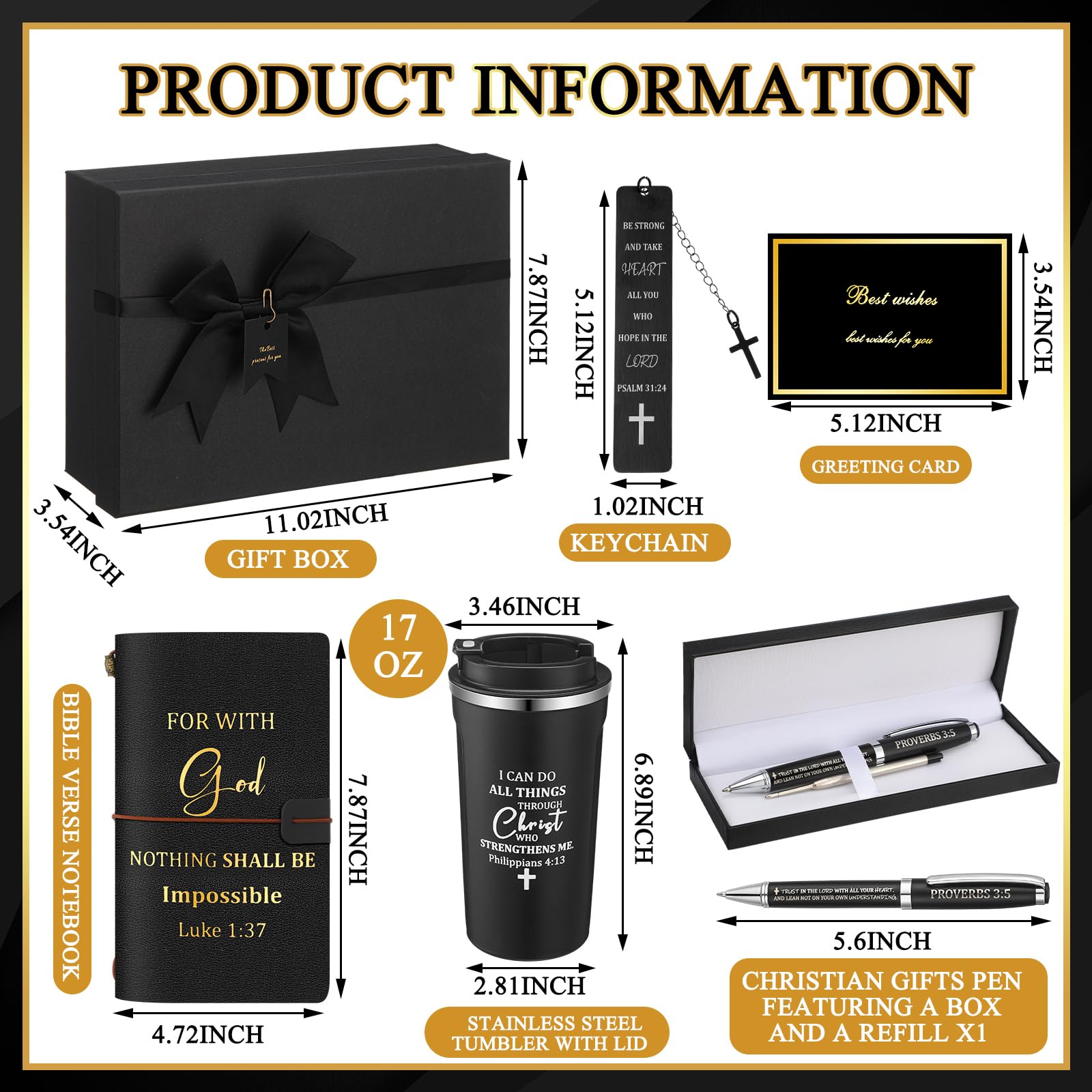 6 Pcs Father's Day Christian Gift Set for Men Inspirational Religious Faith Gift with 17oz Tumbler Notebook Bookmark Pen and Greeting Card for Father Dad Husband Grandpa Friends(Black)