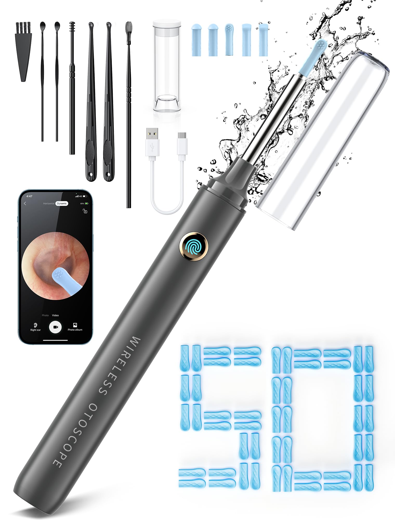 Ear Wax Removal, Ear Cleaner with Camera, Ear Wax Removal Kit with 1080P, Ear Camera Otoscope with Light, Ear Cleaning Kit with 50 Replacement Tips for iPhone, iPad, Android Phones (Gray)