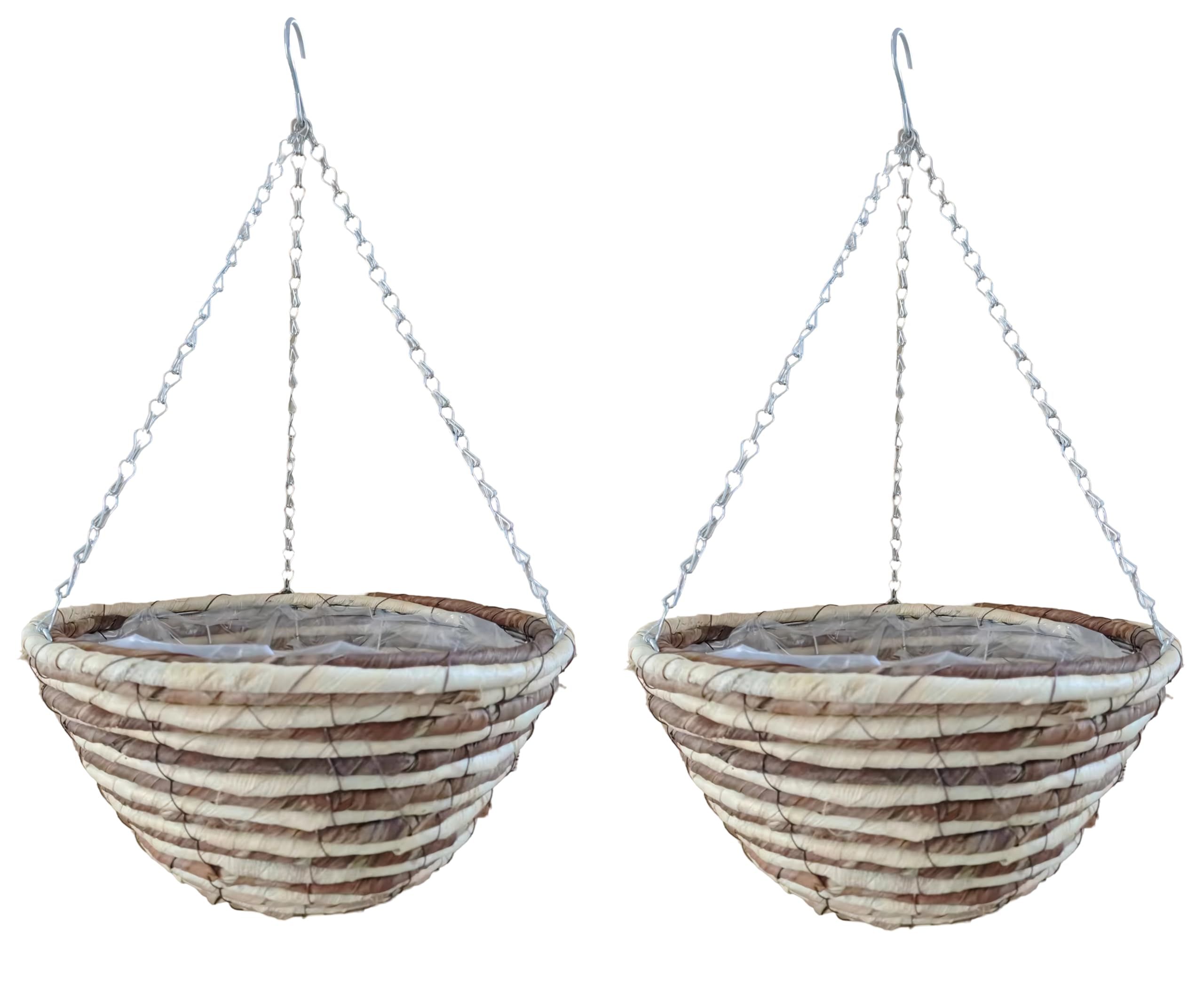 Quickdraw 2 x Rope Hanging Baskets 14” – Round Outdoor Planters with Liner & Chains – Weather Resistant Flower Pots for Garden Plants & Flowers