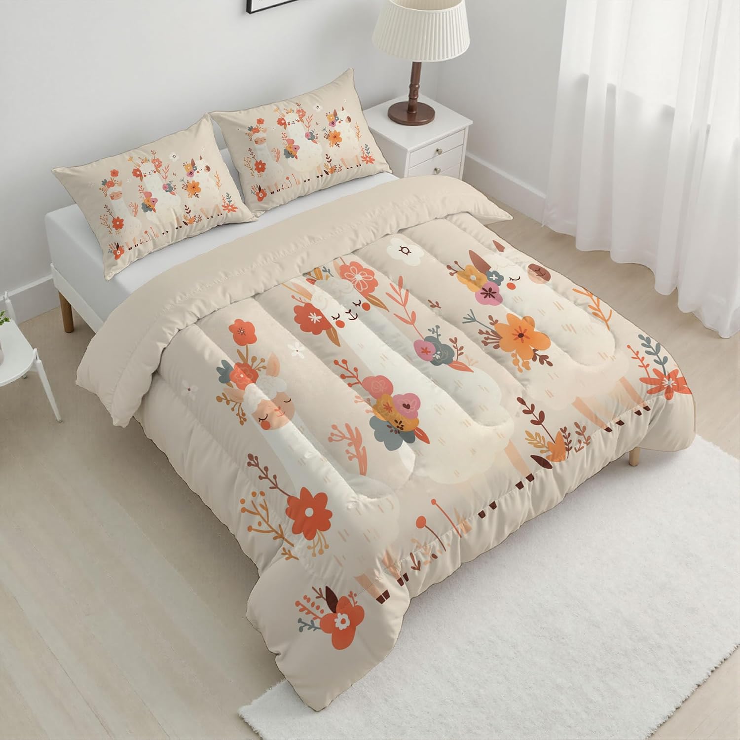 Flowers Animals Comforter Set King Size, Cartoon Alpaca Bedding Set for Teens Adults Room, Beige Soft 104" x 90" Quilt with 2 Pillow Cases, Lightweight Beige Quilt for All Season