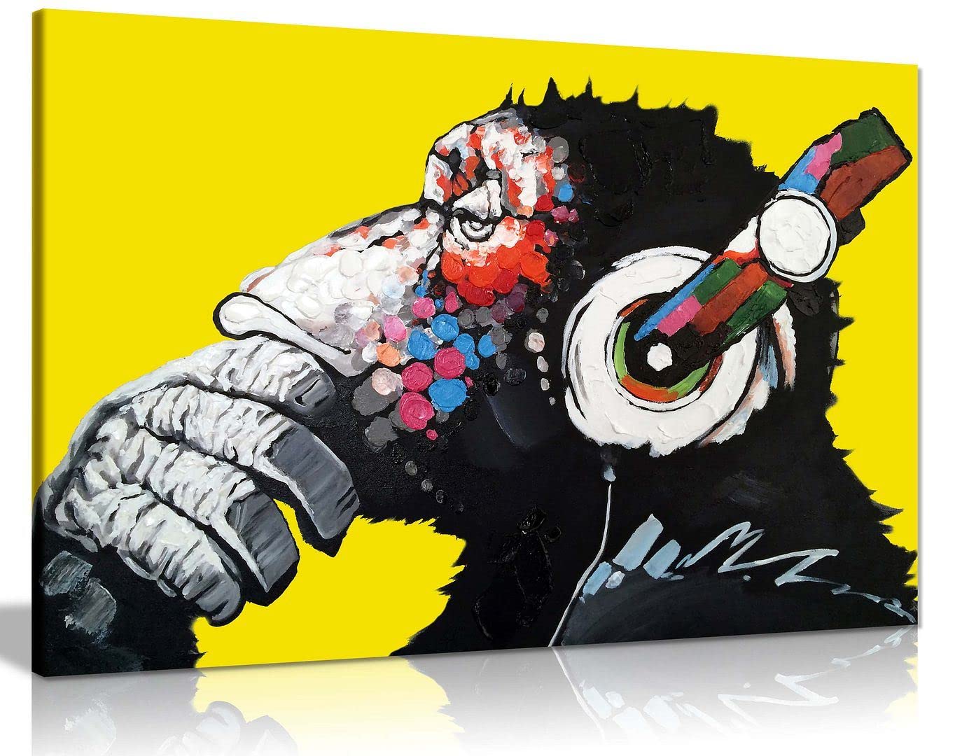 Panther Print Yellow Cool Ape With Dj Heaphones Canvas Wall Art Picture Print Home Decor 91X61cm (36X24in)