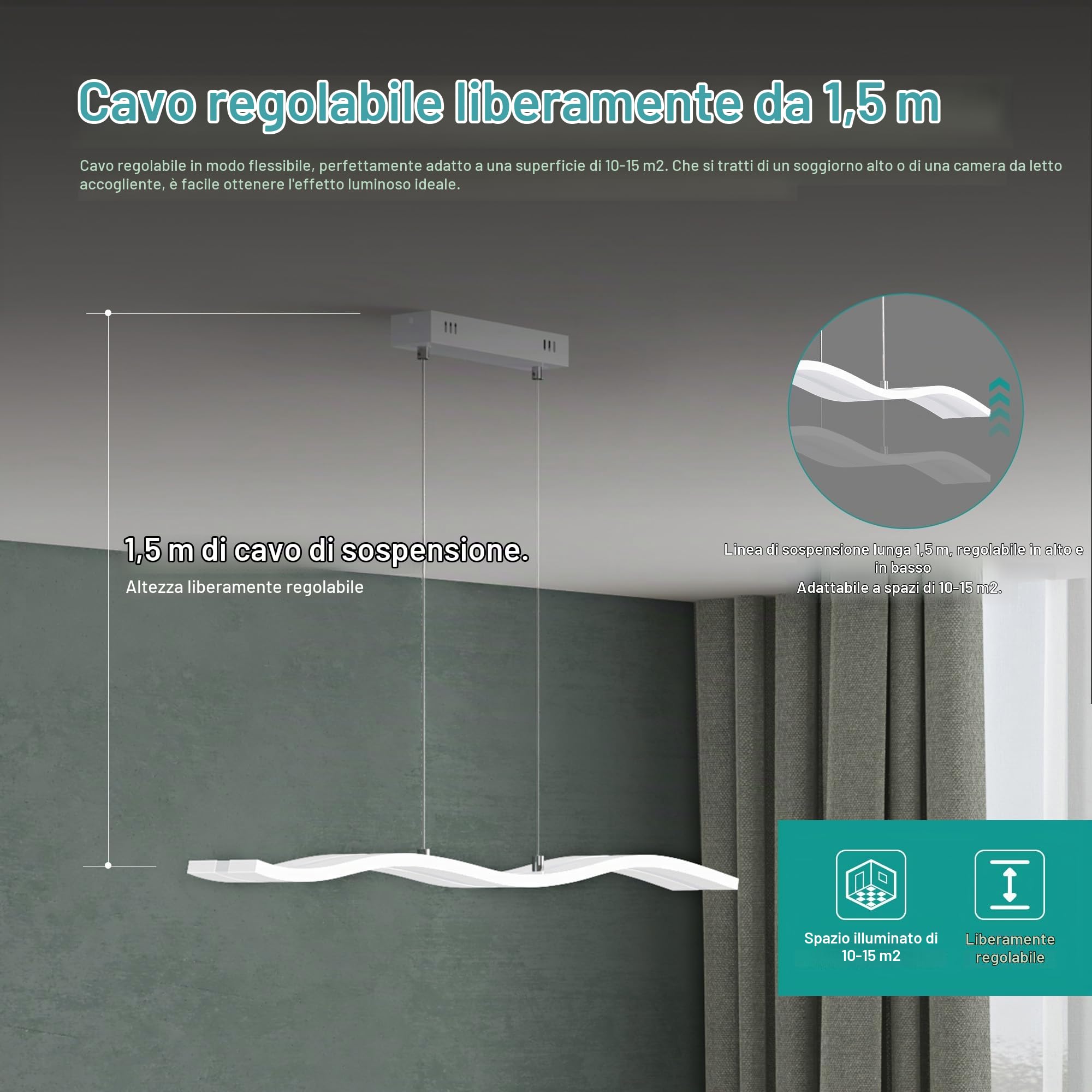 Mai & Mai Lampadario Sospensione 36W, 97 CM, Lunghezza Filo 150 CM, Bianco | Metallo Base, Altezza regolabile, Lampada da Soffitto a Sospensione per Camera da Letto, Cucina e Soggiorno, Bianco, Alivetta