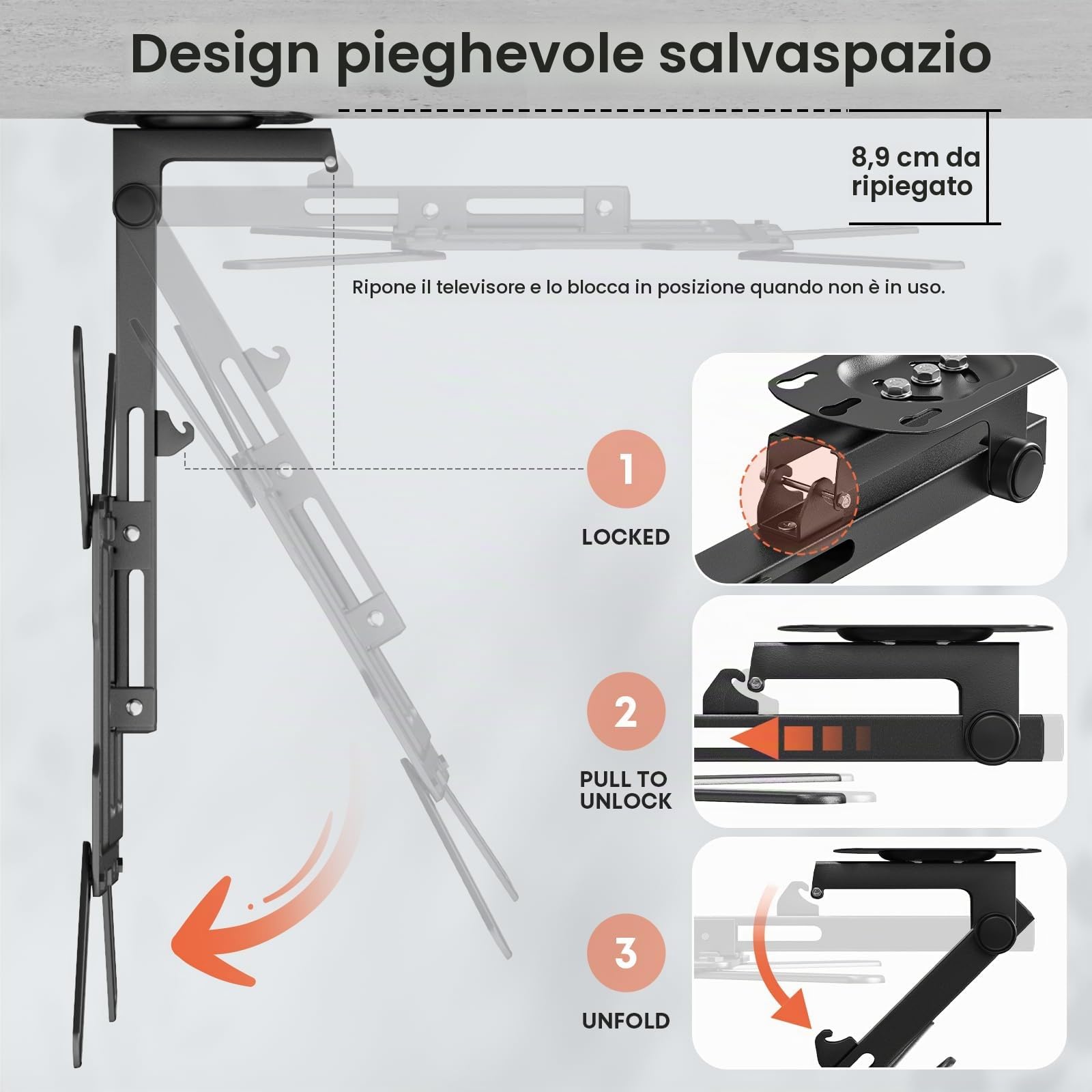 PUTORSEN 23-55 pollici Supporto TV soffitto, Girevole Ripiegabile Supporto TV da Soffitto per Soffitto Piano Inclinato, Porta TV Fino a 20kg con Max VESA 400x400mm,Nero