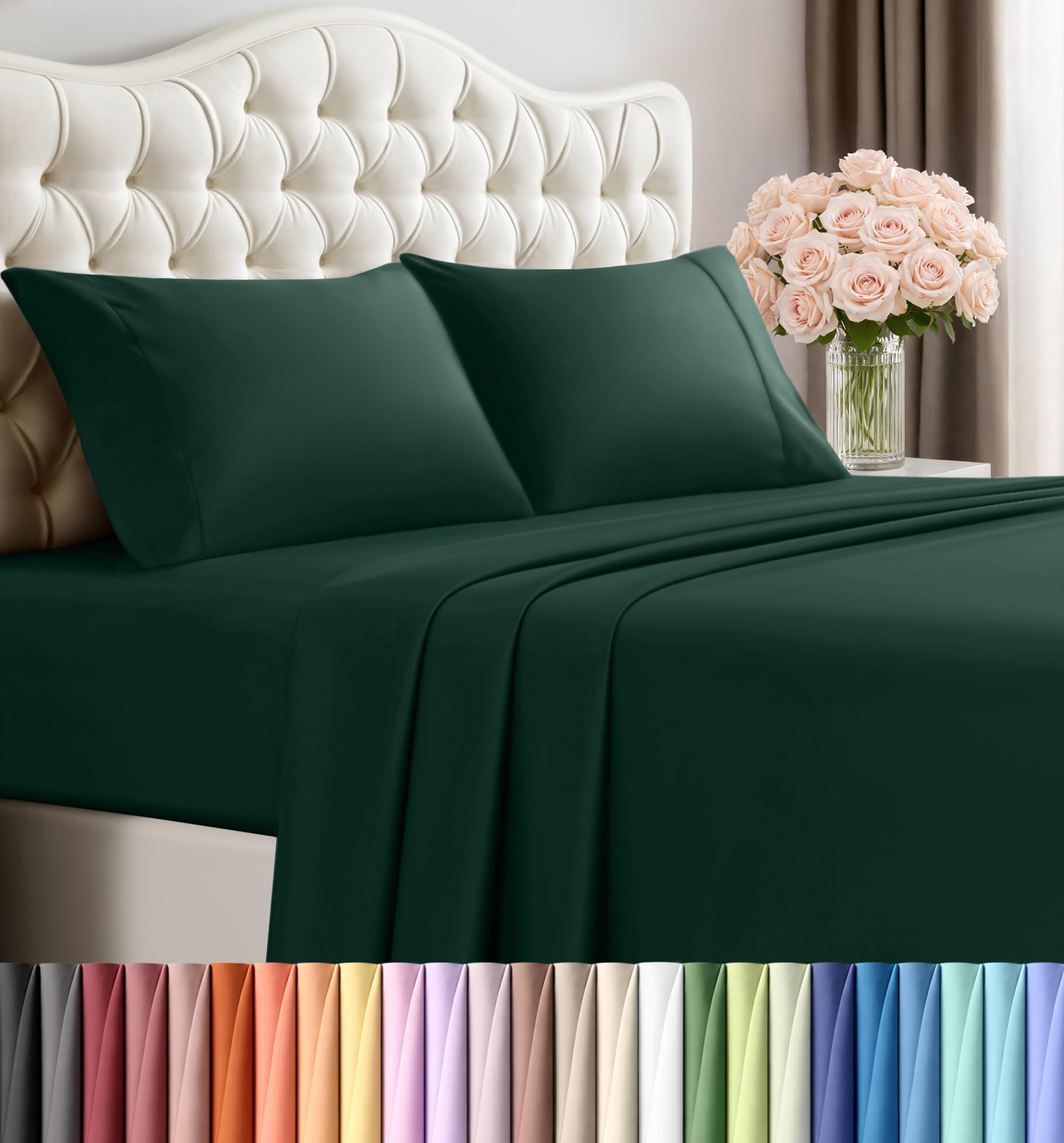 Queen Size Sheet Set – 4 Piece Bed Sheets, Soft and Breathable Microfiber, Includes 1 Fitted Sheet, 1 Flat Sheet and 2 Pillowcases – Oeko-Tex - (Emerald Green)