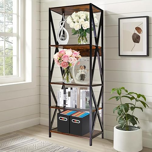 Miniatura 4 de Estantería alta de 5 niveles, estantería industrial con madera y metal, estantería abierta moderna para dormitorio, sala de estar y oficina en casa,