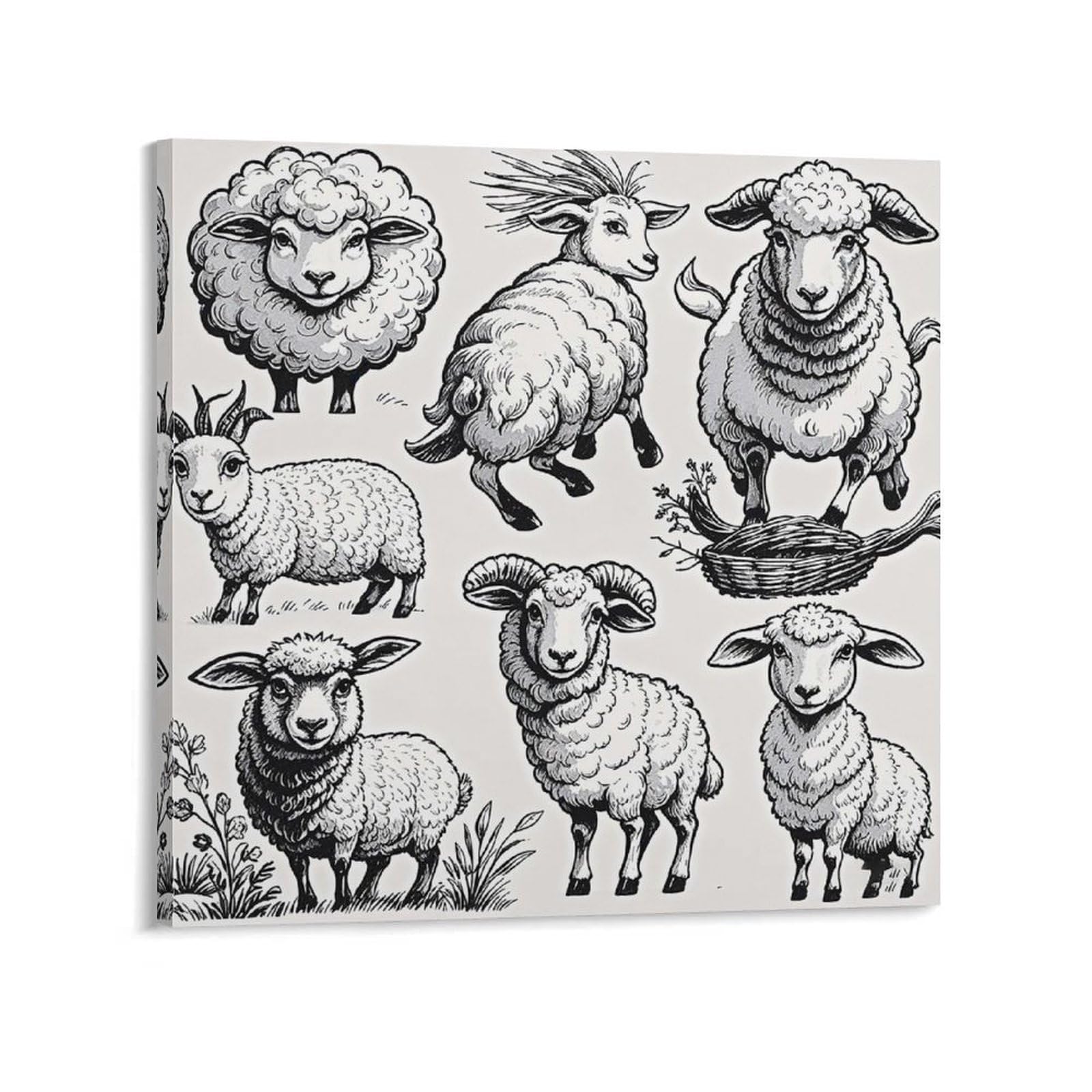 KLOPH Cartoon Black White Sheep Canvas Wall Art for Living Room 08x8inch Modern Artwork Painting for Bathroom Hanging Canvas Prints Aesthetic Wallart for Bedroom Kitchen Office Wall Decor