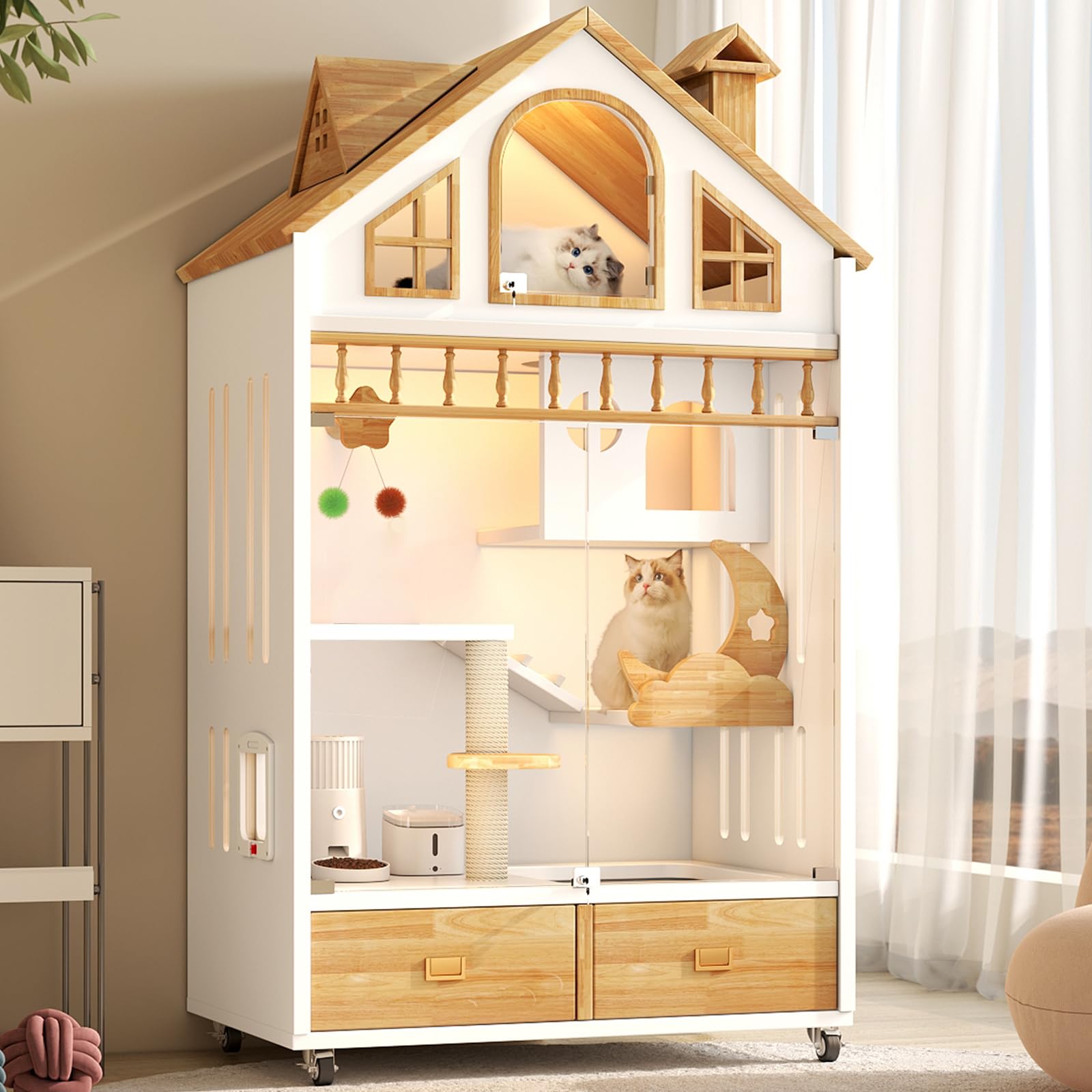 Cat House Indoor Cage Cats Enclosure on Wheels,Wooden Cat House Large Space with Scratching Post, Multi-Feature Enclosed Cat Condo with Cat Litter Box Drawer for Indoor Cats,63" X 35" X 24"