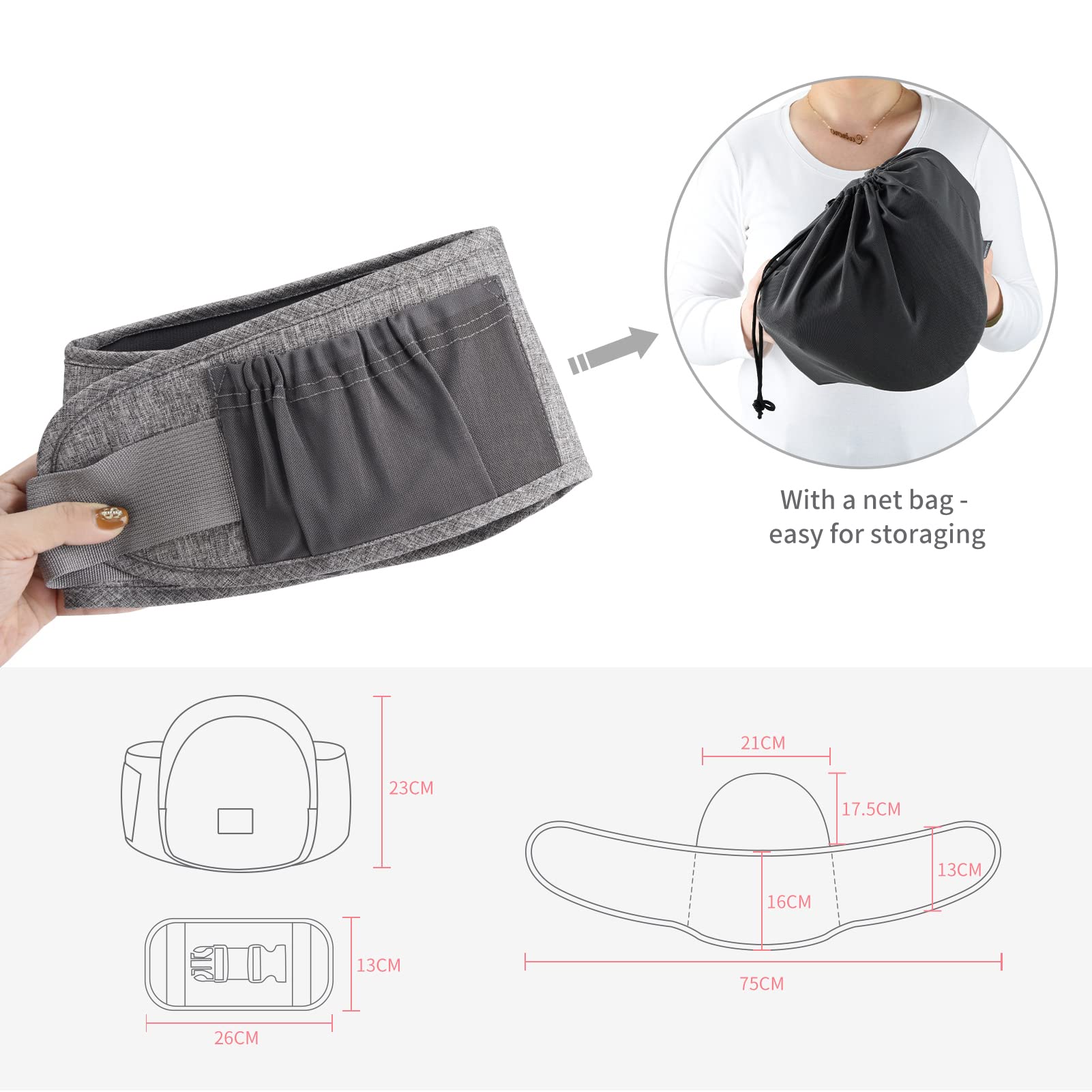 Bebamour Porte-bébé Hipseat 0-36 mois, tabouret de taille avec support dorsal léger et réglable, porte-bébé 3 en 1 siège bébé à tout-petit(New Light Grey)