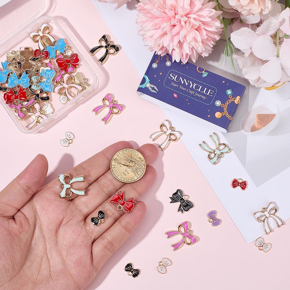 SUNNYCLUE 1 Box 60Pcs 15 Styles Enamel Bow Charms Bowknot Charm Bulk Gold Metal Alloy Coquette Aesthetic Assorted Bows Tie Shaped Pendants for Jewelry Making Bracelet Necklaces DIY Craft Findings - Image 3