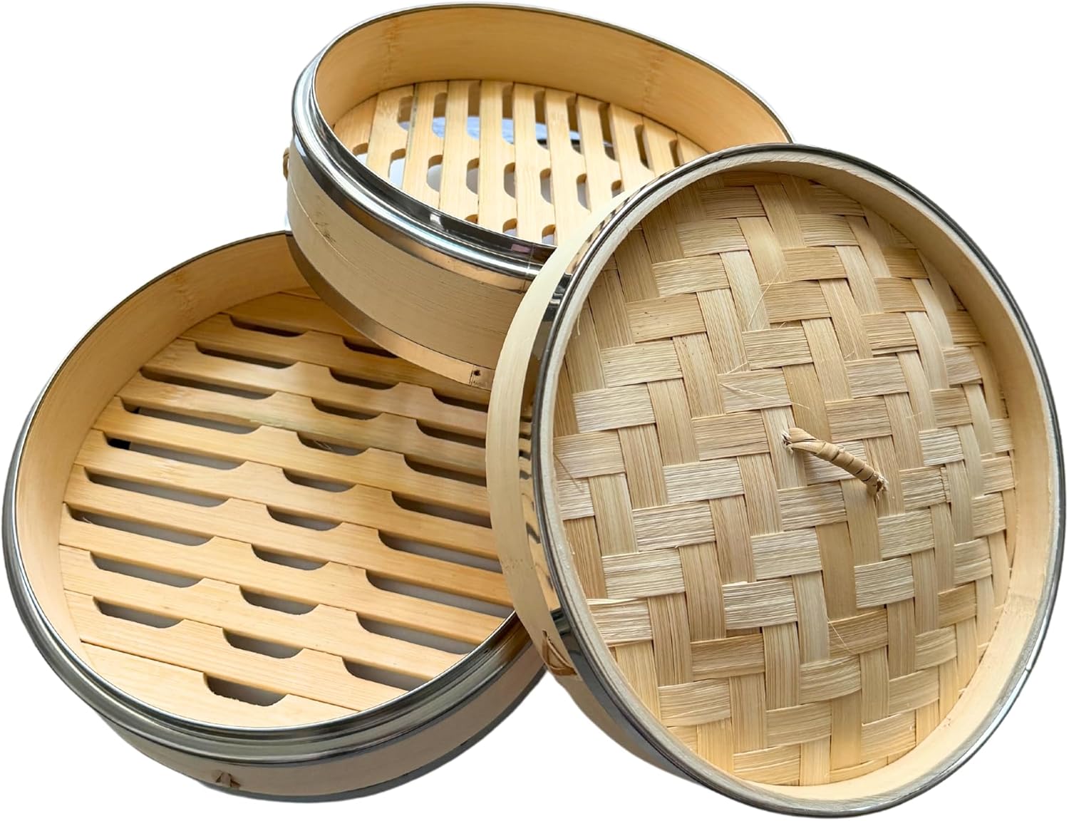 THY Collectibles 2-Tier Bamboo Steamer Basket Set with Stainless Steel Banding – Perfect for Dim Sum, Dumplings, Buns, Seafood & Rice – Ideal for Asian Cooking (Natural, 8.25-Inch)