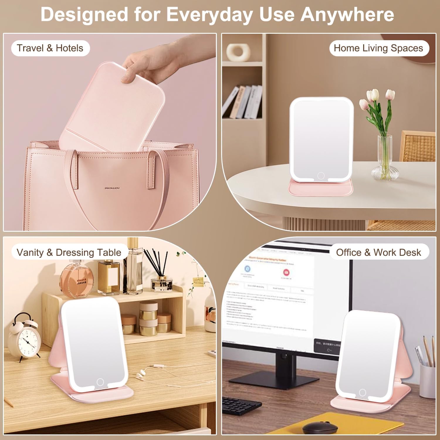 Upgraded Lighted Travel Makeup Mirror, 72 LEDs Portable Mirror with Lights, 3 Color Travel Mirror with Light, Touch Screen, Dimmable, Rechargeable, Angle Adjustable with Non-Slip Base, Pink - Image 6