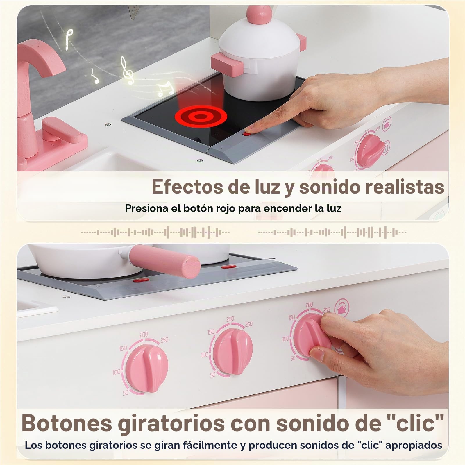 SainSmart Jr. Cocinita de madera para niños, color rosa – con luz y sonido, dispensador de hielo, microondas, horno y fregadero, gran cocina infantil con accesorios, juego de roles a partir de 3 años