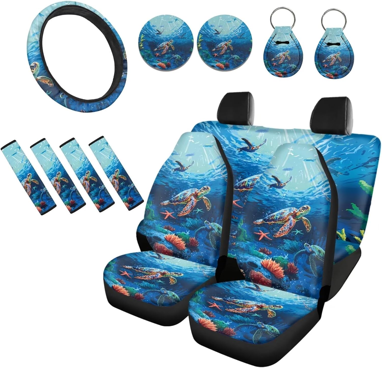 Forchrinse Underwater Sea Turtle Print Car Seat Cover for Women Full Set with Steering Wheel Cover+Shoulder Pads+Car Coaster+Keychain