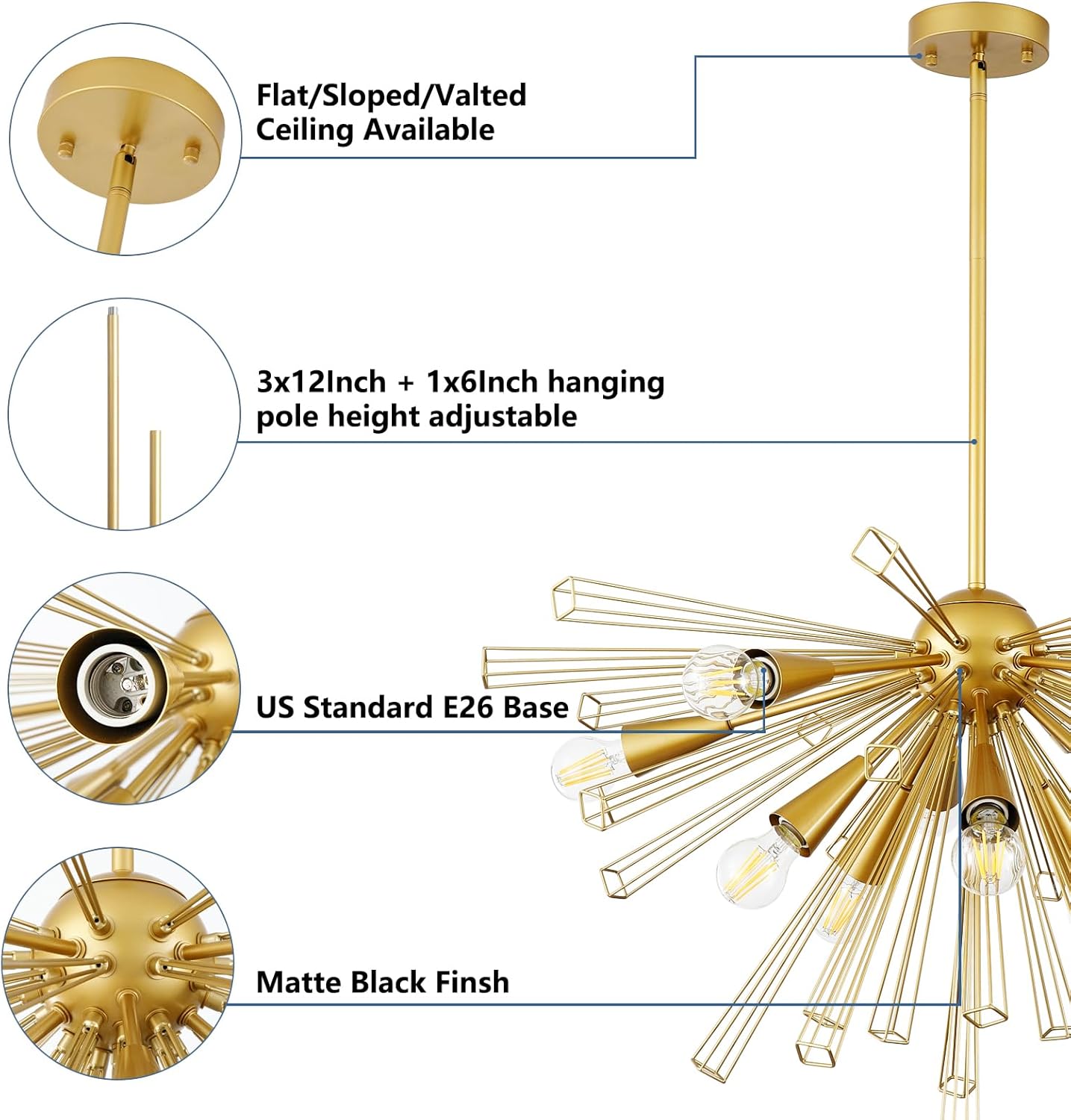 9MMML Gold 10-Light Sputnik Chandelier, Farmhouse Pendant Light Fixture with 48'' Height Adjustable Hanging Pole, 34'' Large Chandelier for Living Room, Dining Room, Kitchen, Bedroom, E26 Base