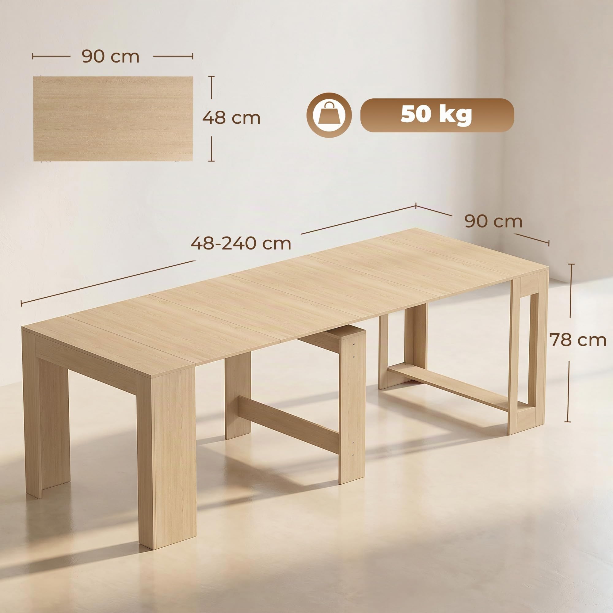 HOMCOM Esstisch Ausziehbar für 10 Personen 48/96/144/192/240x90cm Hellbraun