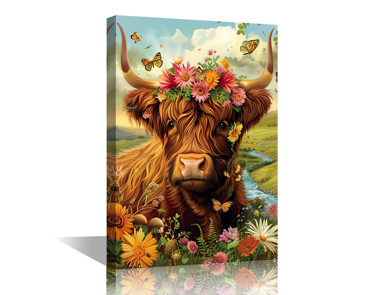 TISHIRON 1 Piece Canvas Art Wall Decor Highland Cow Bedroom Wall Art Pictures for Living Room Flowers Modern Painting Stretched and Framed Ready to Hang 18x12in