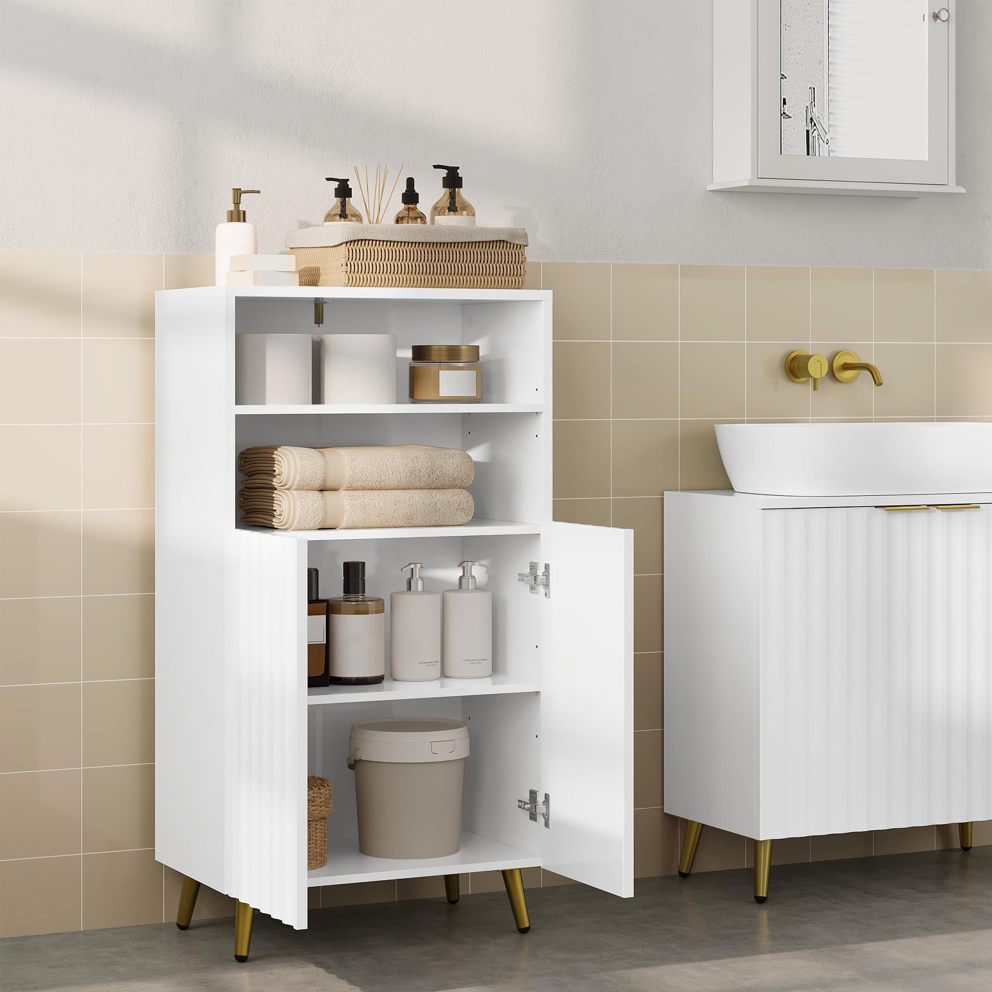 eSituro Armario de Baño con 2 Estantes Abiertos, Estantes Ajustables, Puertas Onduladas, 50x31x93cm