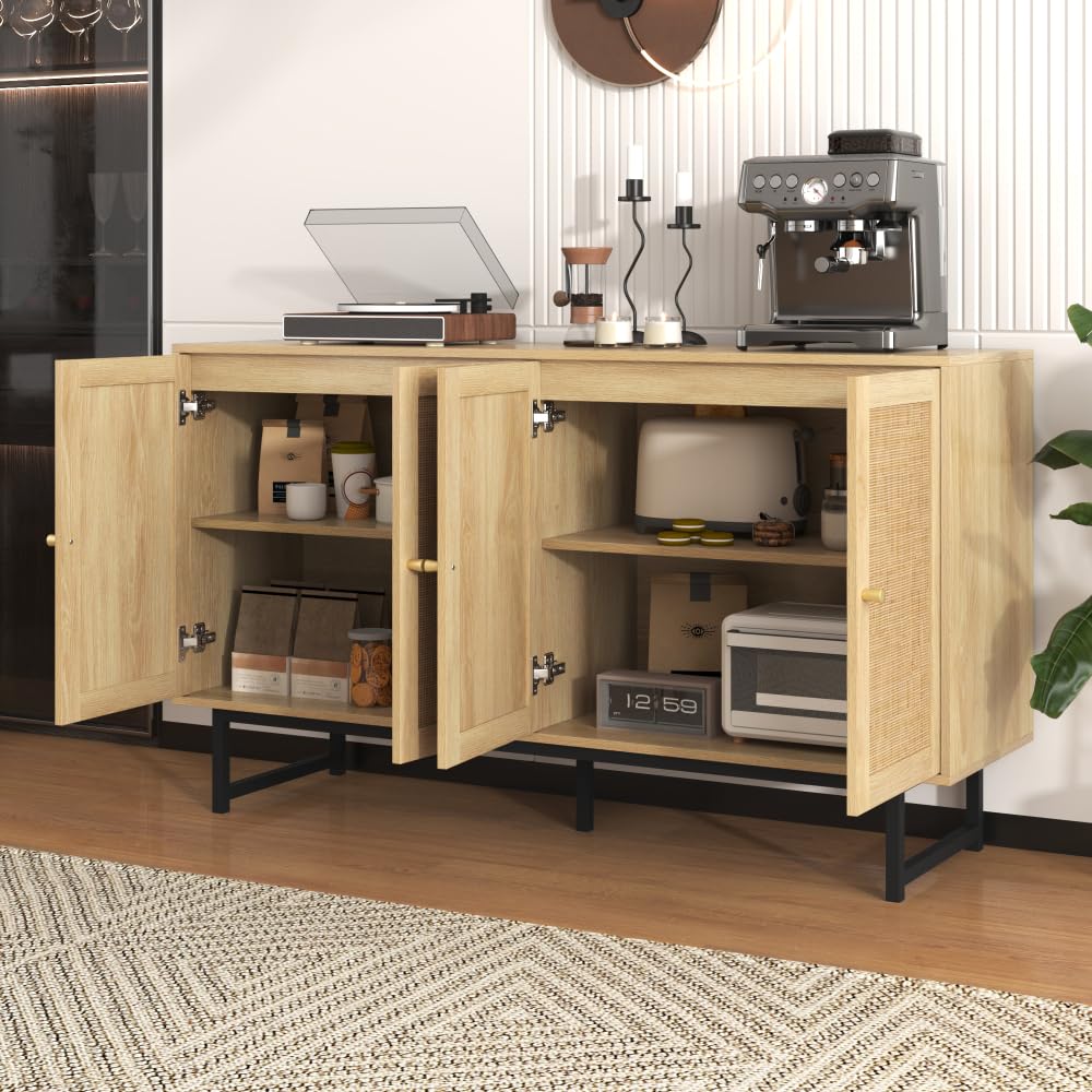 Credenza 140 x 39,5 x 80 cm con vero rattan intrecciato, armadio buffet a 4 ante per soggiorno, sala da pranzo, corridoio