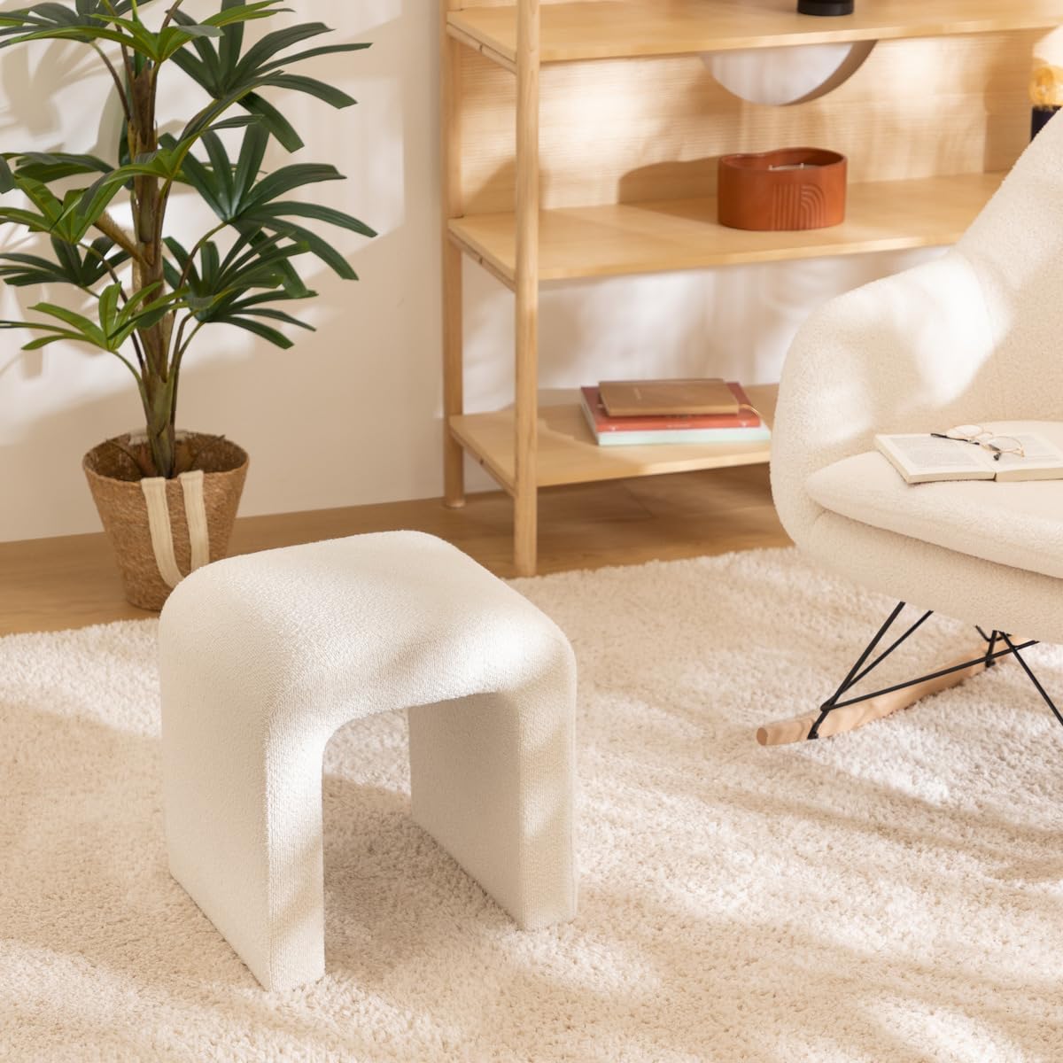 Atmosphera - Puf Sevi en Tejido bouclé Blanco - 41 x 35,5 x 43 cm, Estilo escandinavo - Asiento Adicional para salón y Dormitorio