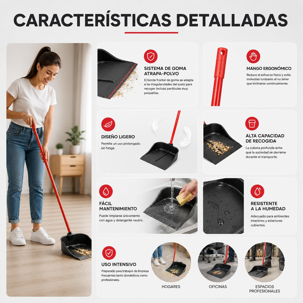 CABLEPELADO Recogedor de Goma | Resistente y Duradero | Limpieza hogar | Herramienta de Limpieza | Apto para Limpieza de Polvo, Basura, Ceniza u Hojas | 93 cm Altura x 25 cm Ancho | Negro