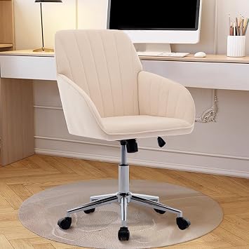 Modern Home Office Chair,Swivel Velvet Desk Chair,Accent Armchair with Silver Base,Backrest Seat for Girls Women Ergonomic Study Seat Computer Task Stools for Bedroom Room,Classroom Khaki