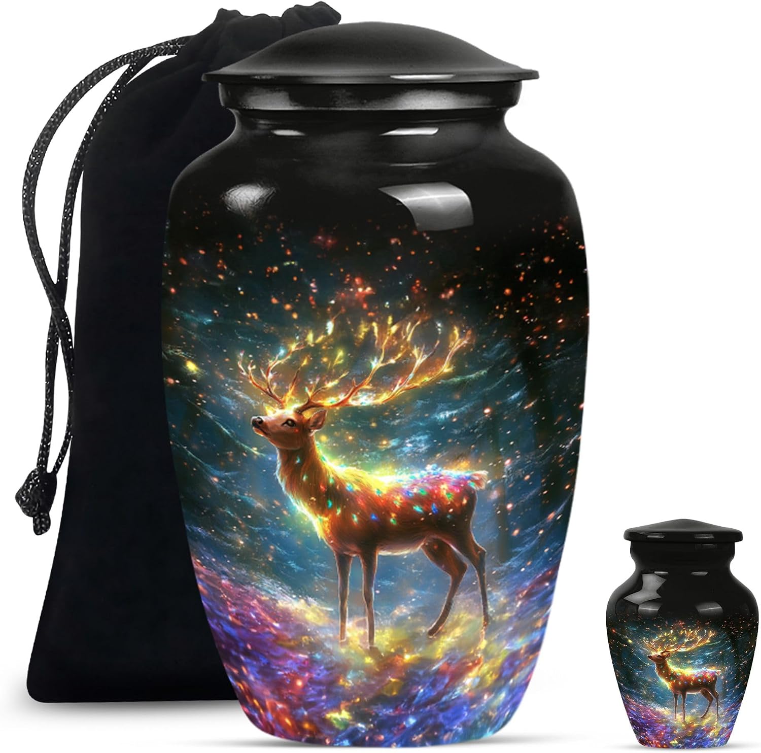Deer Lighting Decorative Urn, Pack of 2 (10 Inch Urn & 3 Inch Urn), Urn for Human Ashes, Cremation Urn for Ashes Adult Male, Memorial Urn, Funeral Urn, Black Urn, Urns with Deer for Human