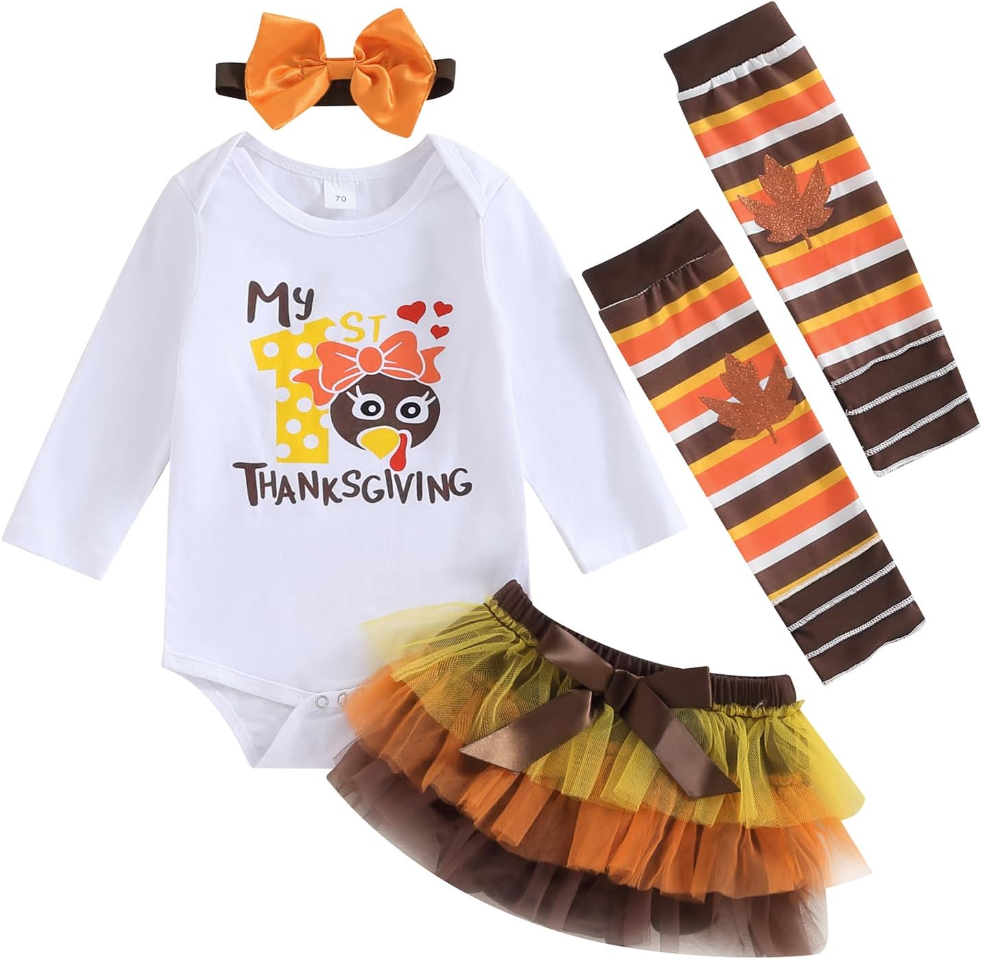 My First Thanksgiving Day Baby Girl Outfit Turkey Shirt Onesie Romper+Tulle Tutu Skirts+Leg Warmers 4Pcs Set