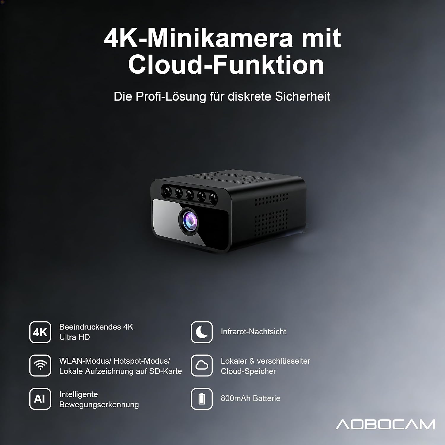 AOBOCAM Mini Kamera, WLAN 4K mit Cloud-Speicher - 150° Weitwinkel HD Überwachungskamera Innen- Drahtlose Sicherheitskamera mit Intelligente Bewegungserkennung/Nachtsicht/Energieeffiziente Akku - 2