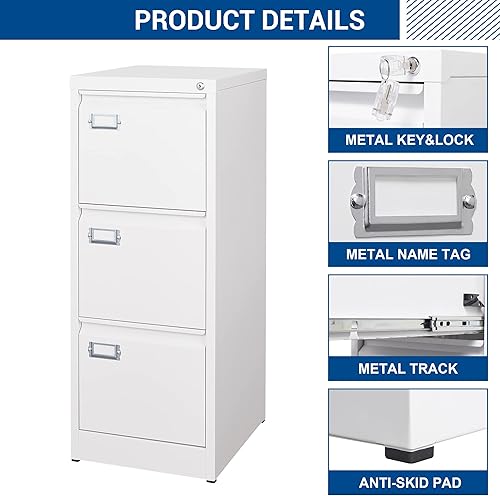 Miniatura 9 de Archivadores verticales de 3 cajones  Archivador de 17.8 pulgadas de profundidad con cerradura  Armarios de almacenamiento de metal blanco para