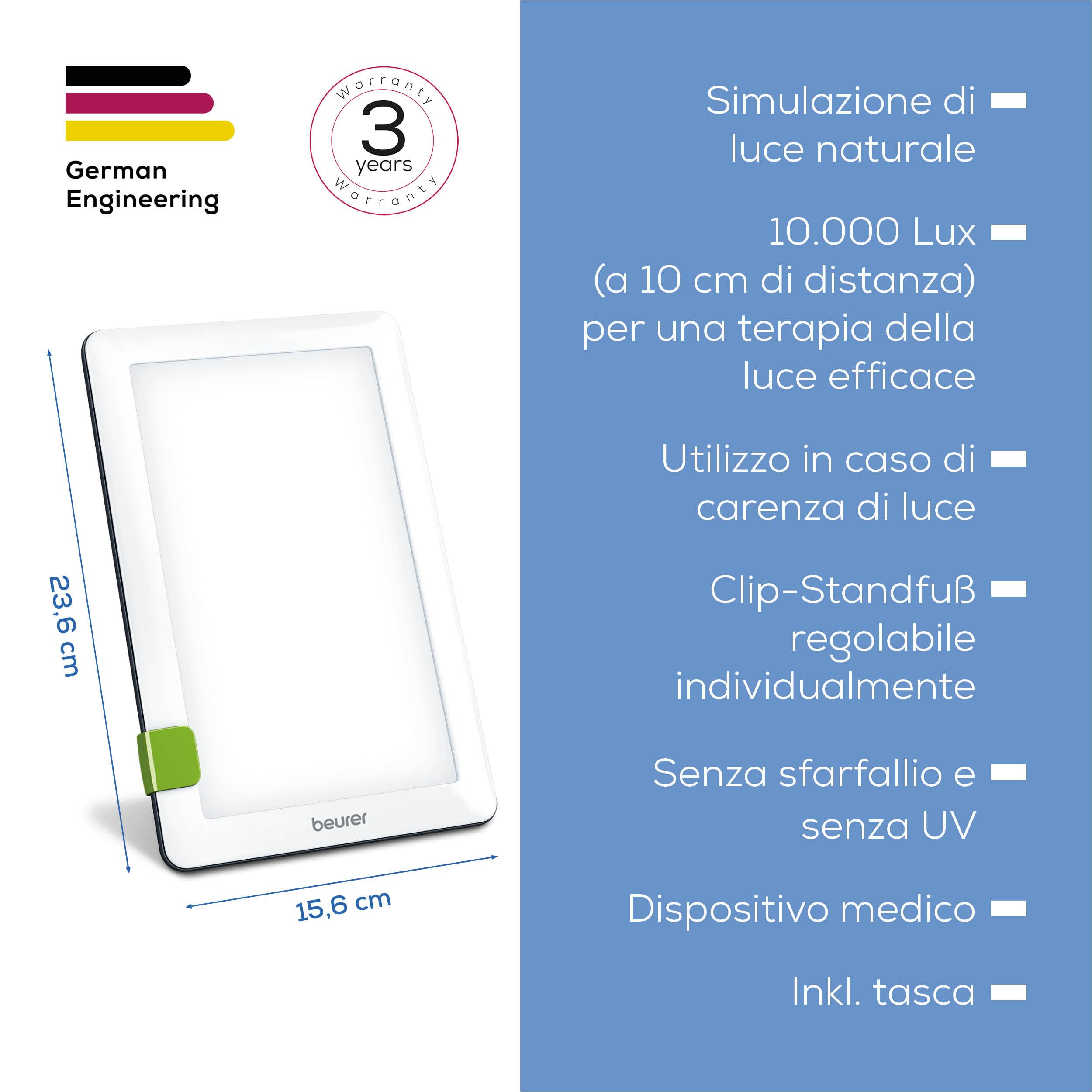 Beurer TL 30 Lampada che Simula la Luce Naturale del Giorno 10mila lux, Lampada SAD per Benessere nei Mesi con poco Sole, Compatta per Scrivania o da Viaggio e Regolazione Variabile, Tecnologia LED