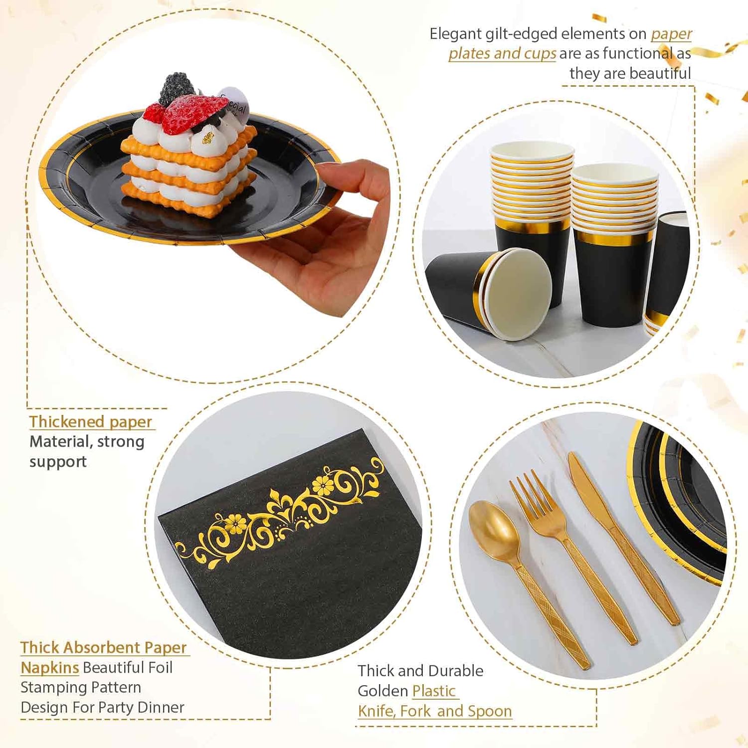 meekoo 350 Pcs Black Party Dinnerware Set Disposable Paper Plates for 50 Guests 9in and 7in Dinner Dessert Plates Napkins Gold Rim Plastic Cups Knives Forks Spoons for Party Wedding(Round) - Image 3