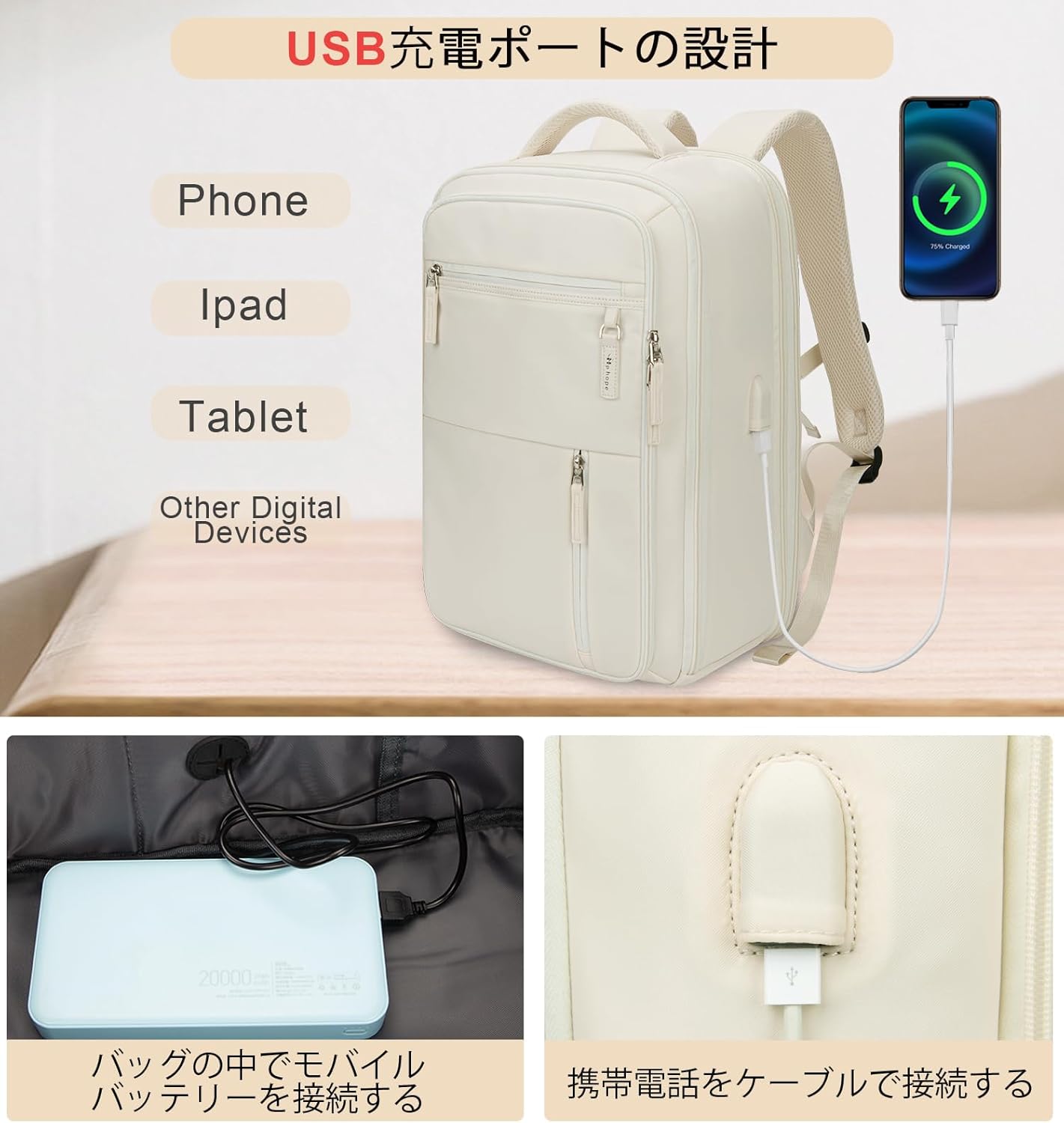 [HPの希望]トラベルバックパック、USB充電ポート付き拡張可能な大型ラップトップバックパック、盗難防止バックパックトラベルハイキングウィークエンダーバックパック