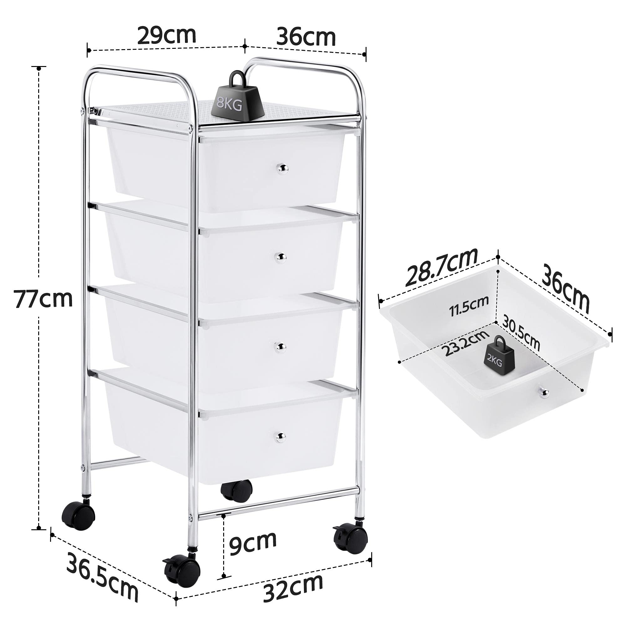 Yaheetech Carrito Auxiliar con Ruedas Carro de Almacenamiento con Cajones Carro Organizador Plastico Cajoneras Oficina para Transporte Blanco