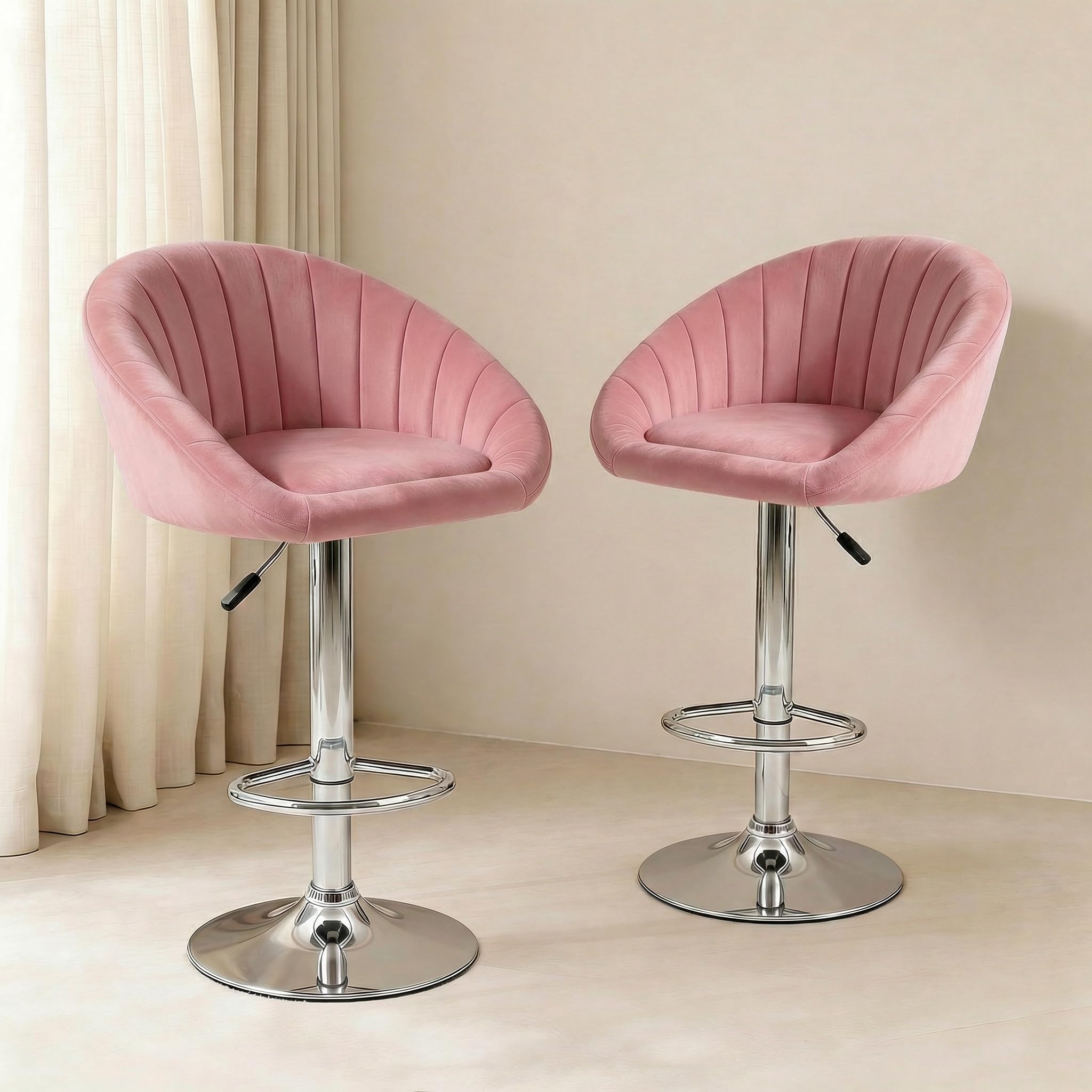 Adjustable Swivel Bar Stool Chair, Velvet Upholstered Counter Height Stool with Chrome Base, Padded Seat with Backrest & Footrest for Kitchen Island, Home Bar, Café, Office, Pub, Makeup, 2Pink-image-39