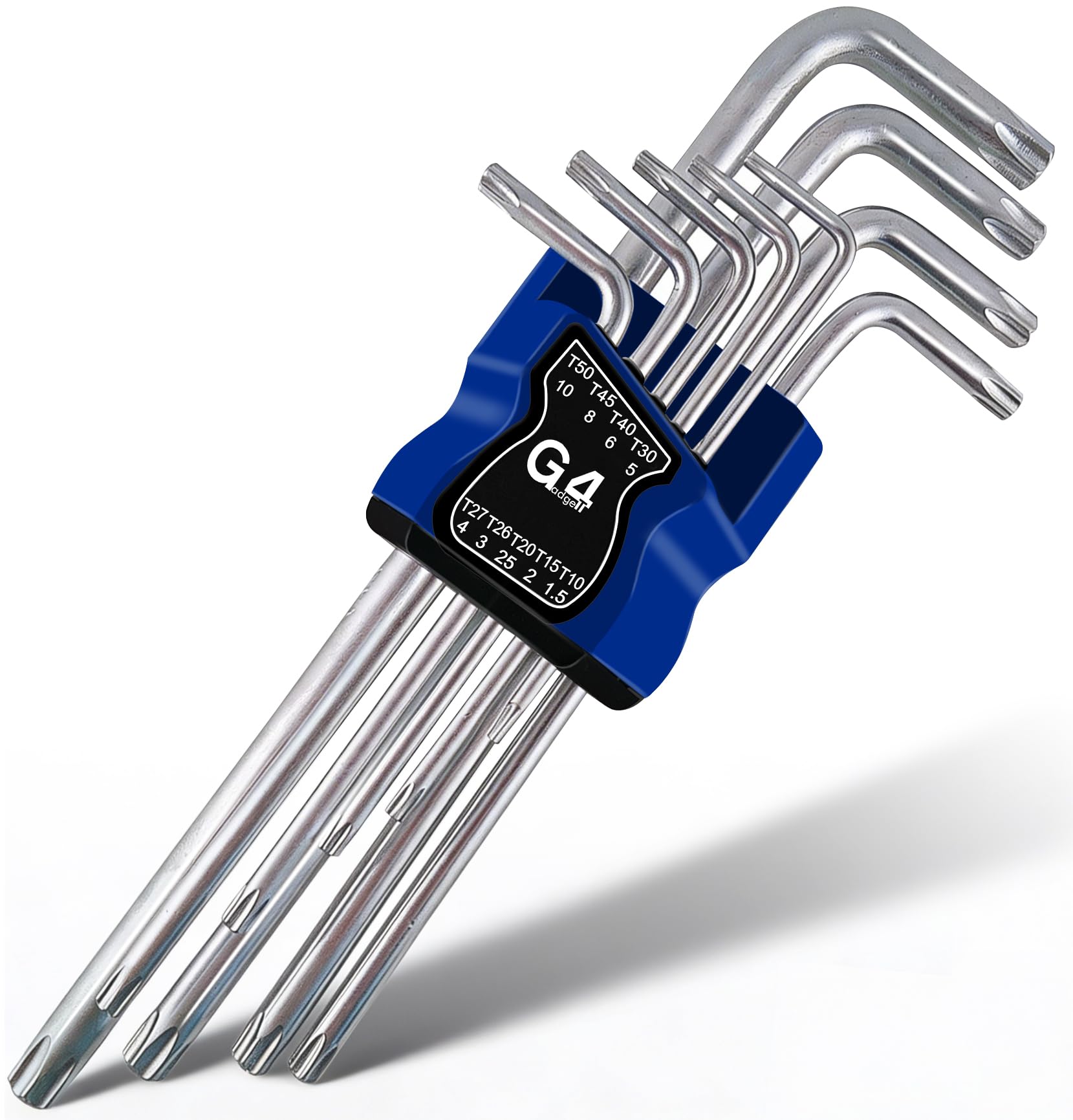 G4GADGET Long Reach Torx Allen Key Set 9PC T10–T50 (1.5–10mm), Extra Long Security Star Hex Key Wrench Set, 40CR Chrome Plated Steel Torx Keys with Holder for Bike Repair, Furniture Assembly, Automoti