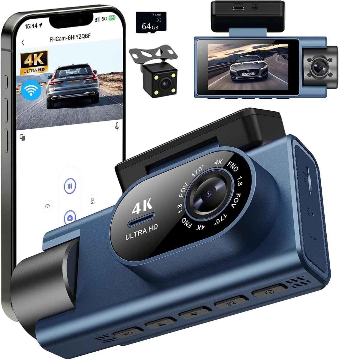Cámara de salpicadero delantera trasera interior, cámara de salpicadero 4K Full HD para coches, tarjeta de 64 GB incluida, Wi-Fi integrado, pantalla IPS de 3 pulgadas, visión nocturna, gran angular de 170°, grabación en bucle, control de aplicación (3Channel Dashcam+64G)