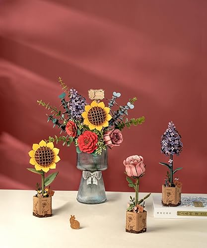 Miniatura 5 de Rompecabezas 3D de madera de ramo de flores modelo kit de construcción para adultos, flores de madera, colección botánica, juguete de construcción,