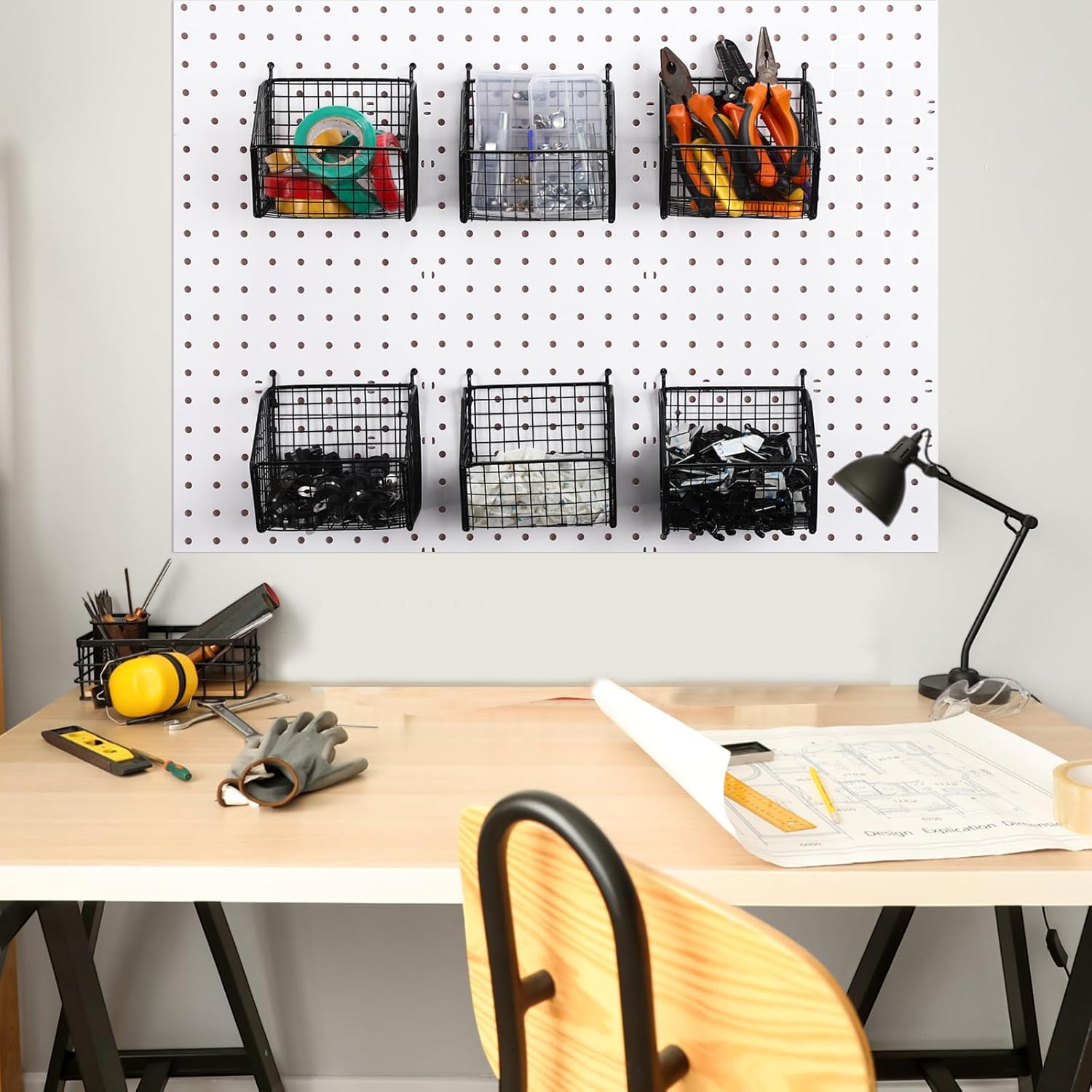 Reallnaive 6 Pack Black Pegboard Baskets Metal Wire Shelf Baskets Peg Board Organizer Accessories Wall Mount Organizer Bins for Tool Storage Craft Room Garage Small Parts Workbench