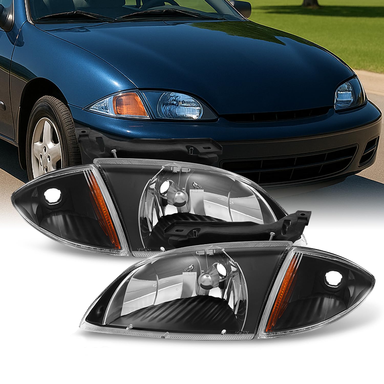 AKKON - For 2000 2001 2002 Chevy Cavalier Coupe & Sedan Replacement Black Headlights w/Corner Lights Pair Set