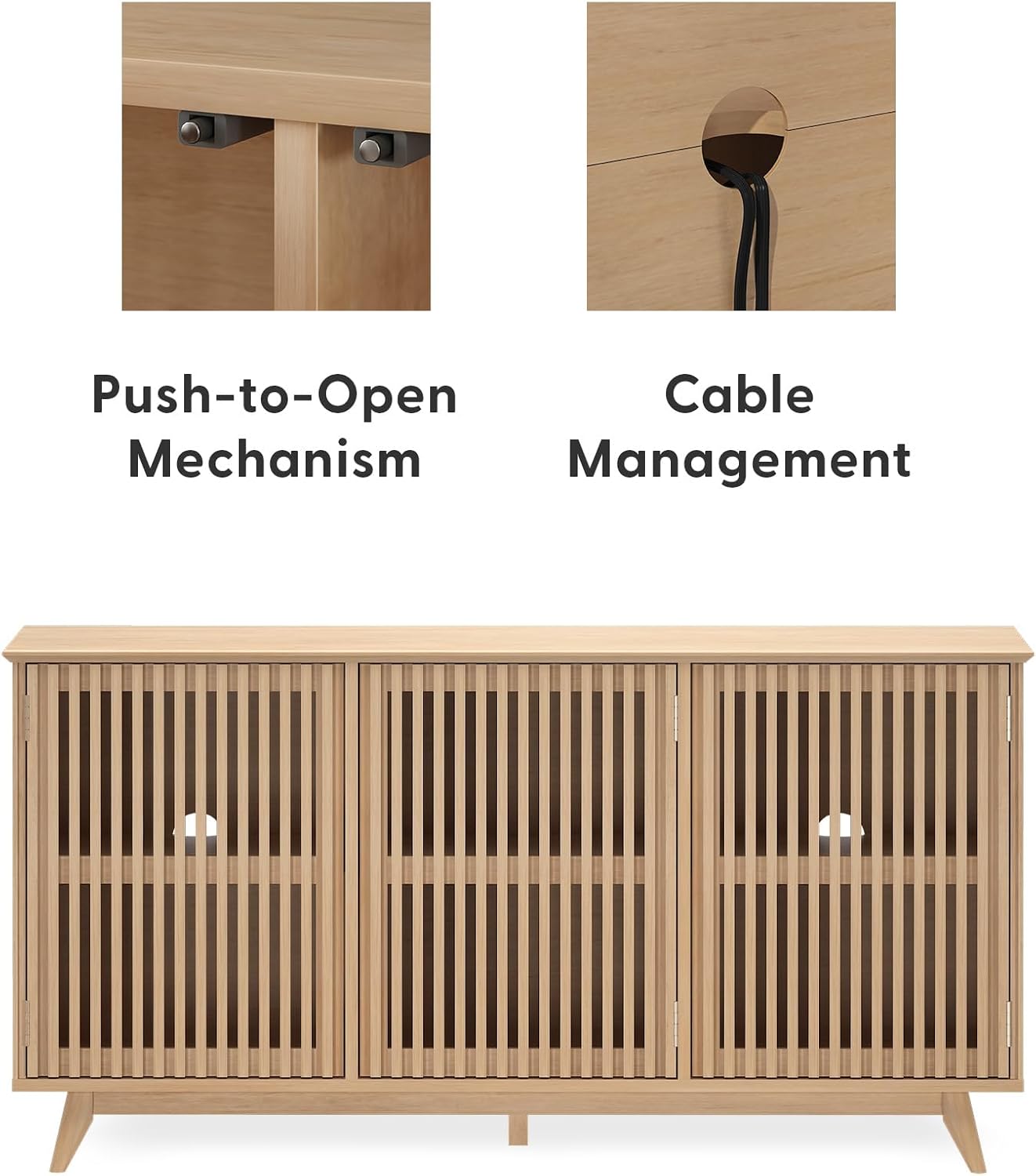 Plank+Beam Mid-Century Modern Wood TV Stand, Three Door Solid Wood Entertainment Console with Storage, 59" L x 16" W x 30" H, Blonde