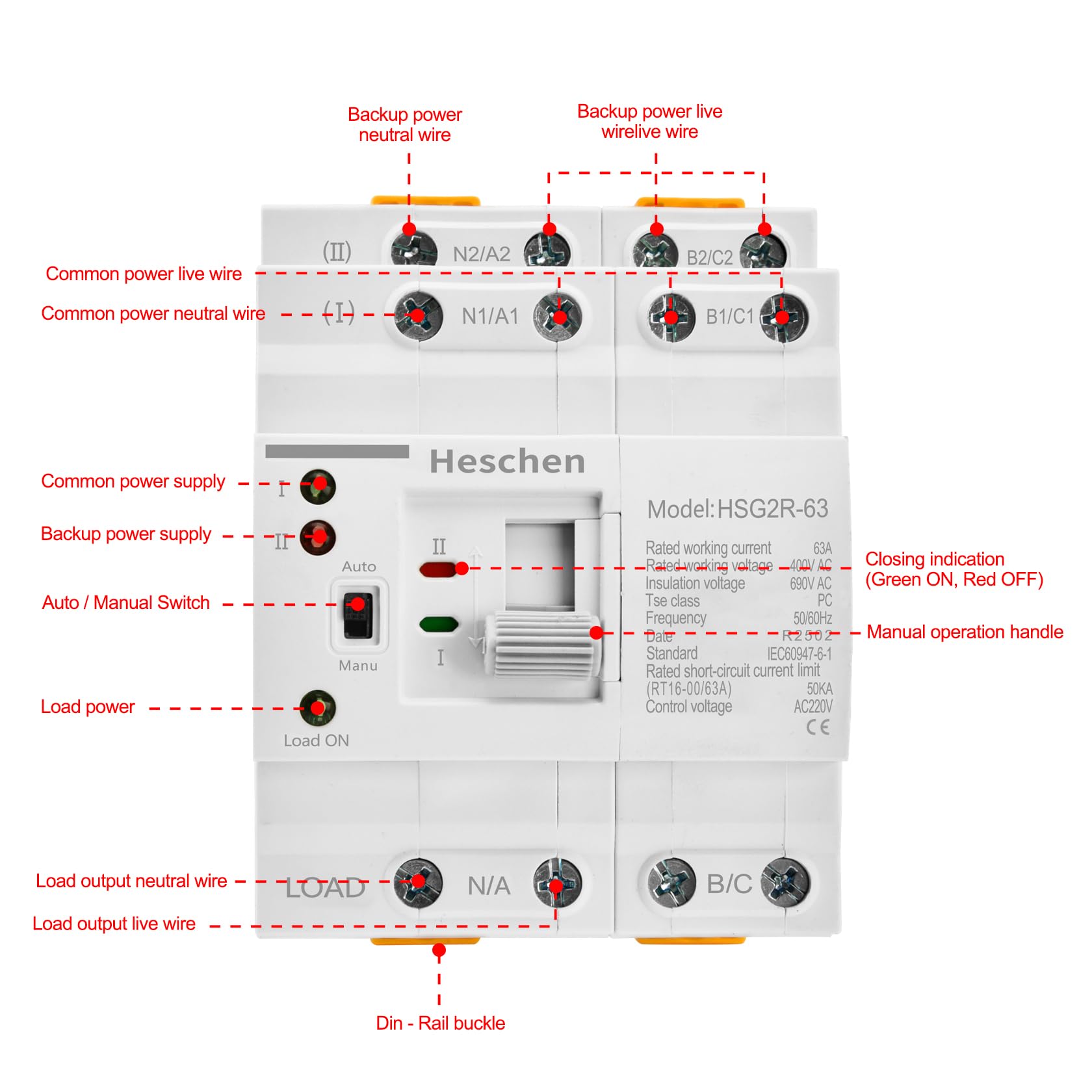 Heschen ATS Dual Power Interruptor de transferencia automática, HSG2R-63, 63 A 400 VAC, clase PC, control de alimentación, interruptor de transferencia ininterrumpido, montaje en carril DIN de 35 mm