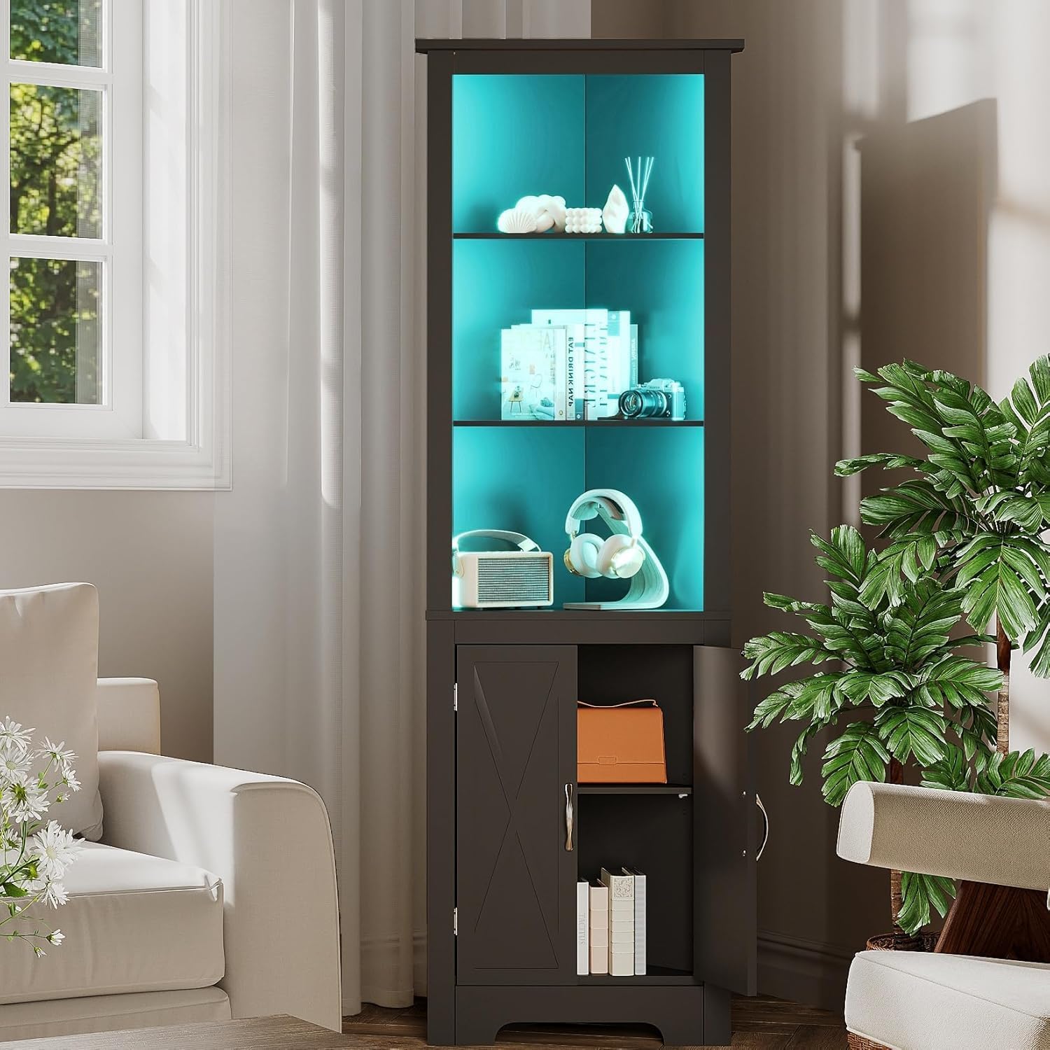 ChooChoo 66.5" Tall Corner Storage Cabinet with LED Lights, 5-Tier Corner Cabinet with Barn Door Design and Adjustable Shelf, Home Space Saver for Living Room,White