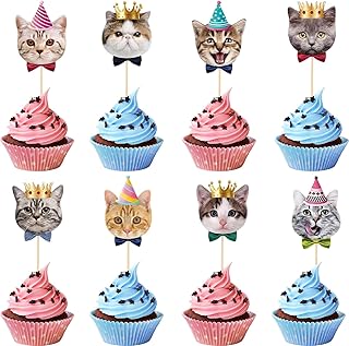 STNRST-IN 32 PCS Cat Cupcake Toppers, Cute Cat Cake Decorations Toothpicks, Single Sided Kitten Face Cake Picks for Pet Th...