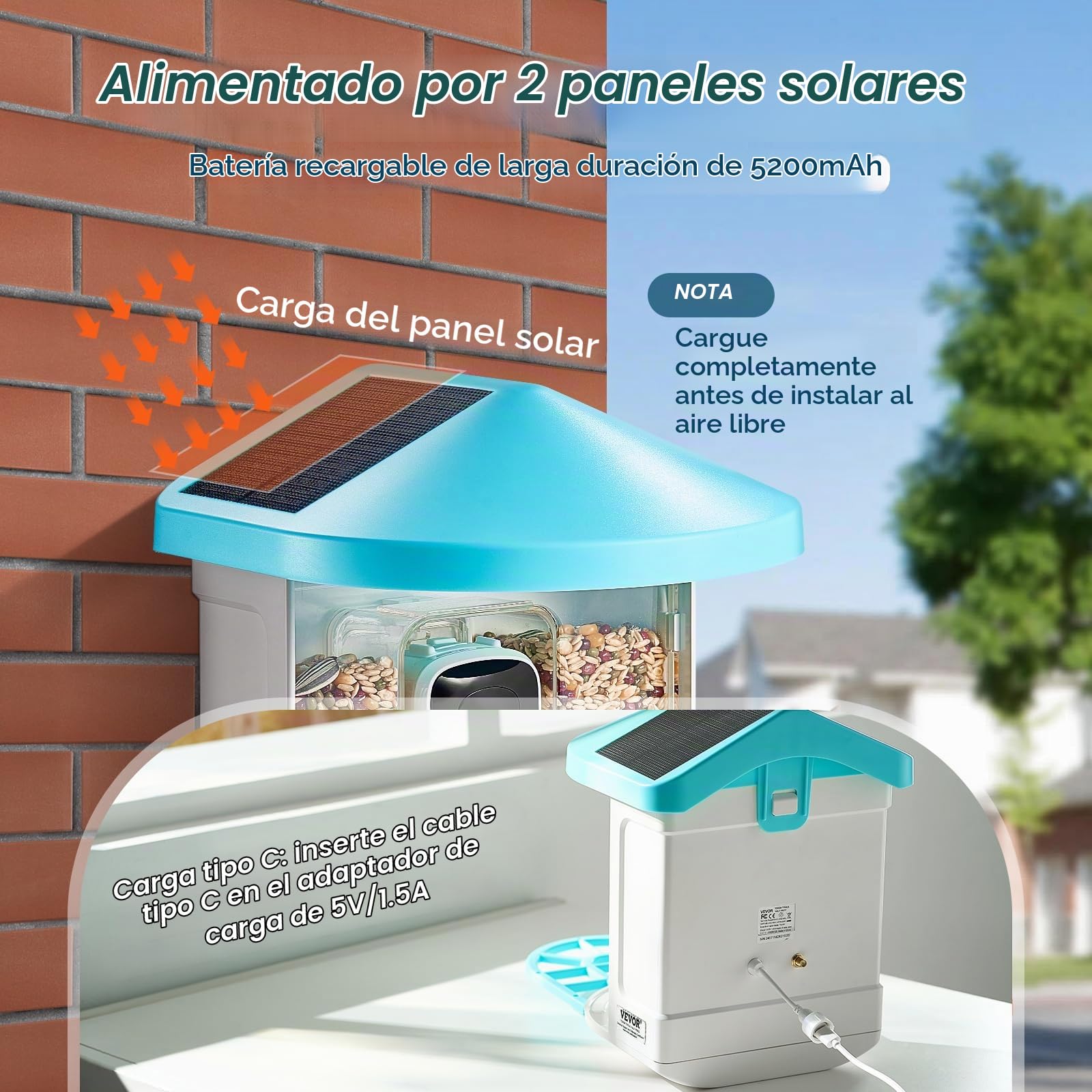 VEVOR Comedero Inteligente para Pájaros con Cámara 2K HD AI Identifica de Aves 2 Paneles Solares Cámara de Observación de Aves con Captura Automática y Notificación Instantánea para Exterior, Azul